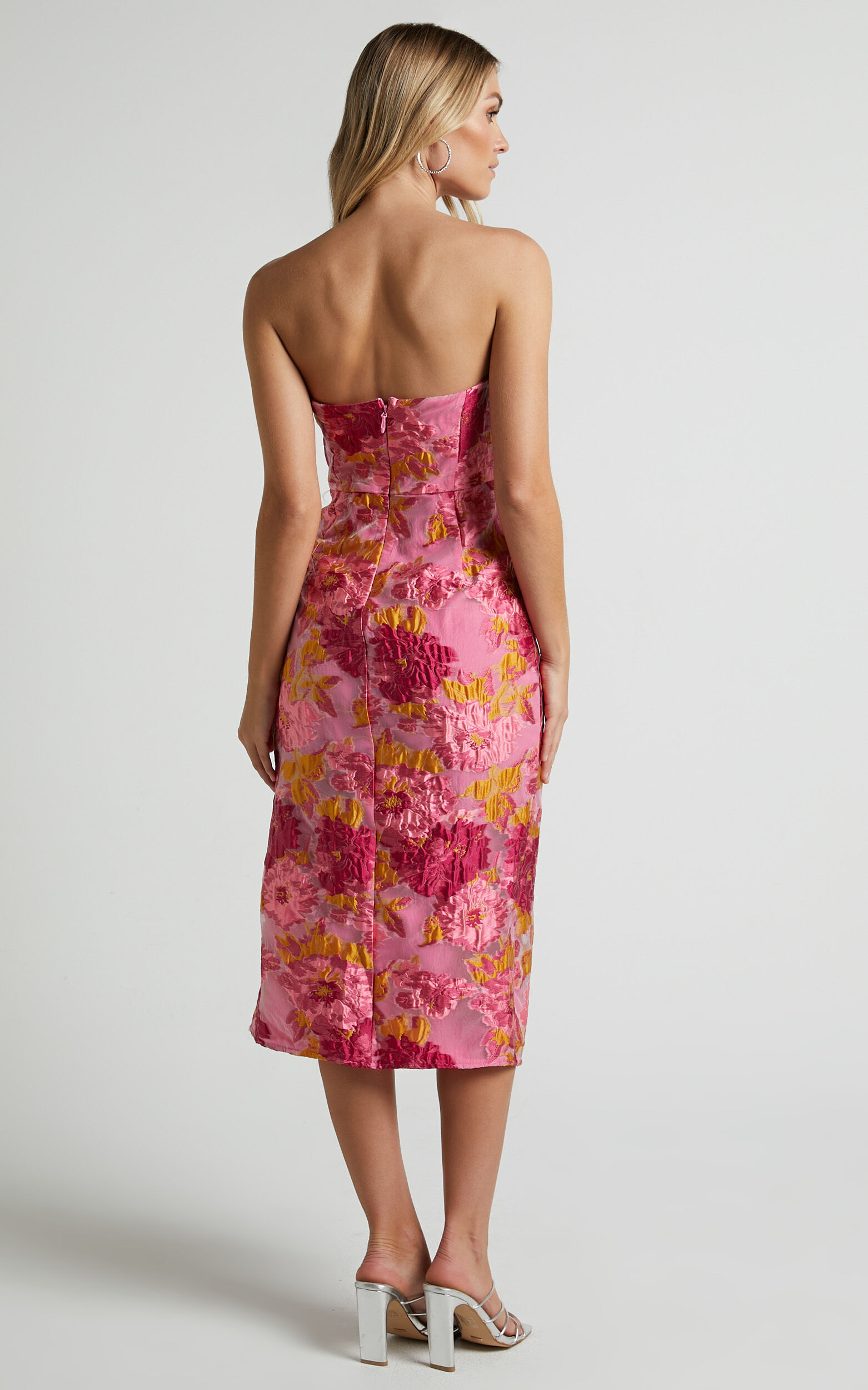 Brailey Midi Dress - Thigh Split Strapless Dress in Pink Jacquard