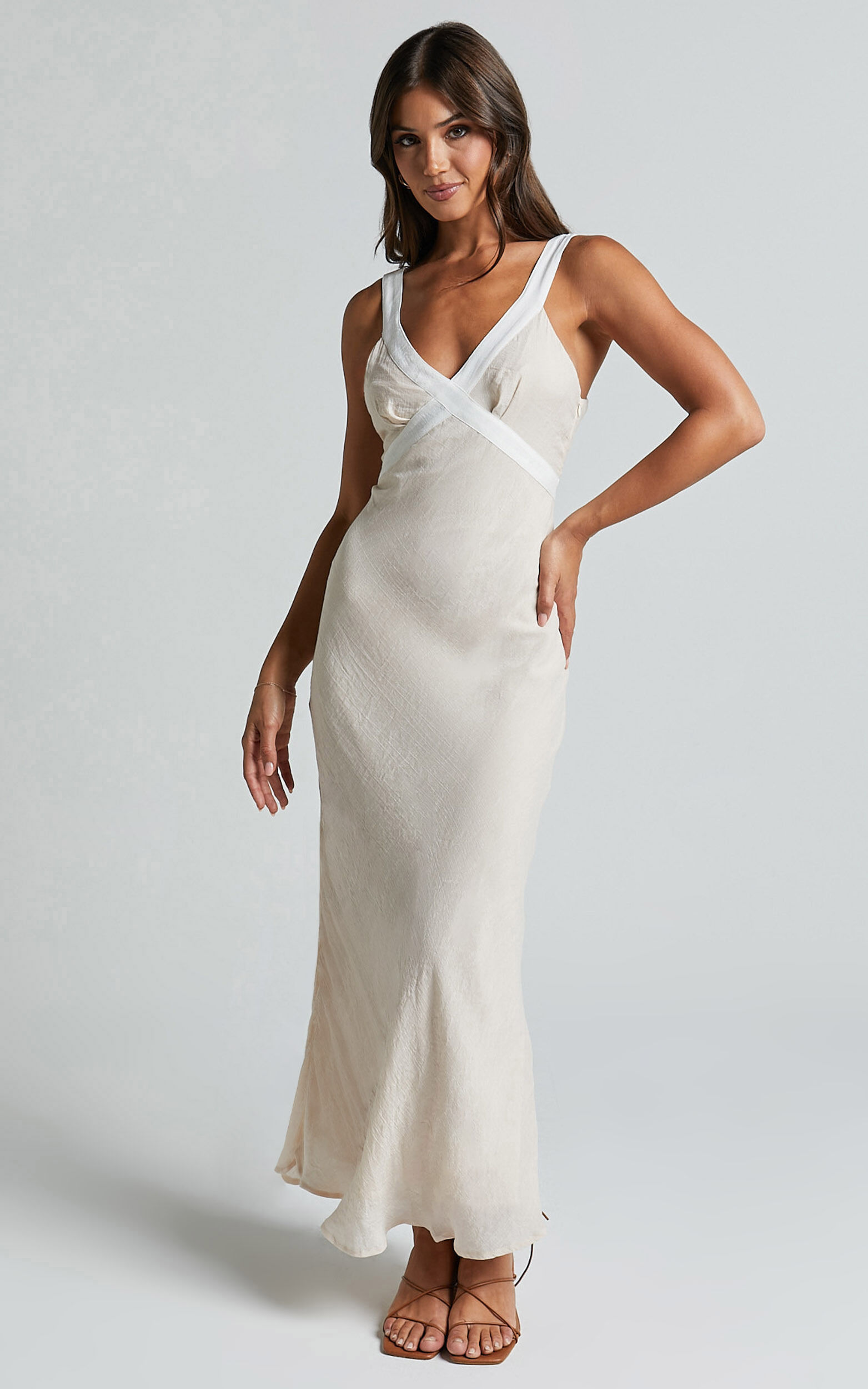 Chakyra Midi Linen Dress - Contrast Strap Bias Cut Column Dress in Beige with White Contrast