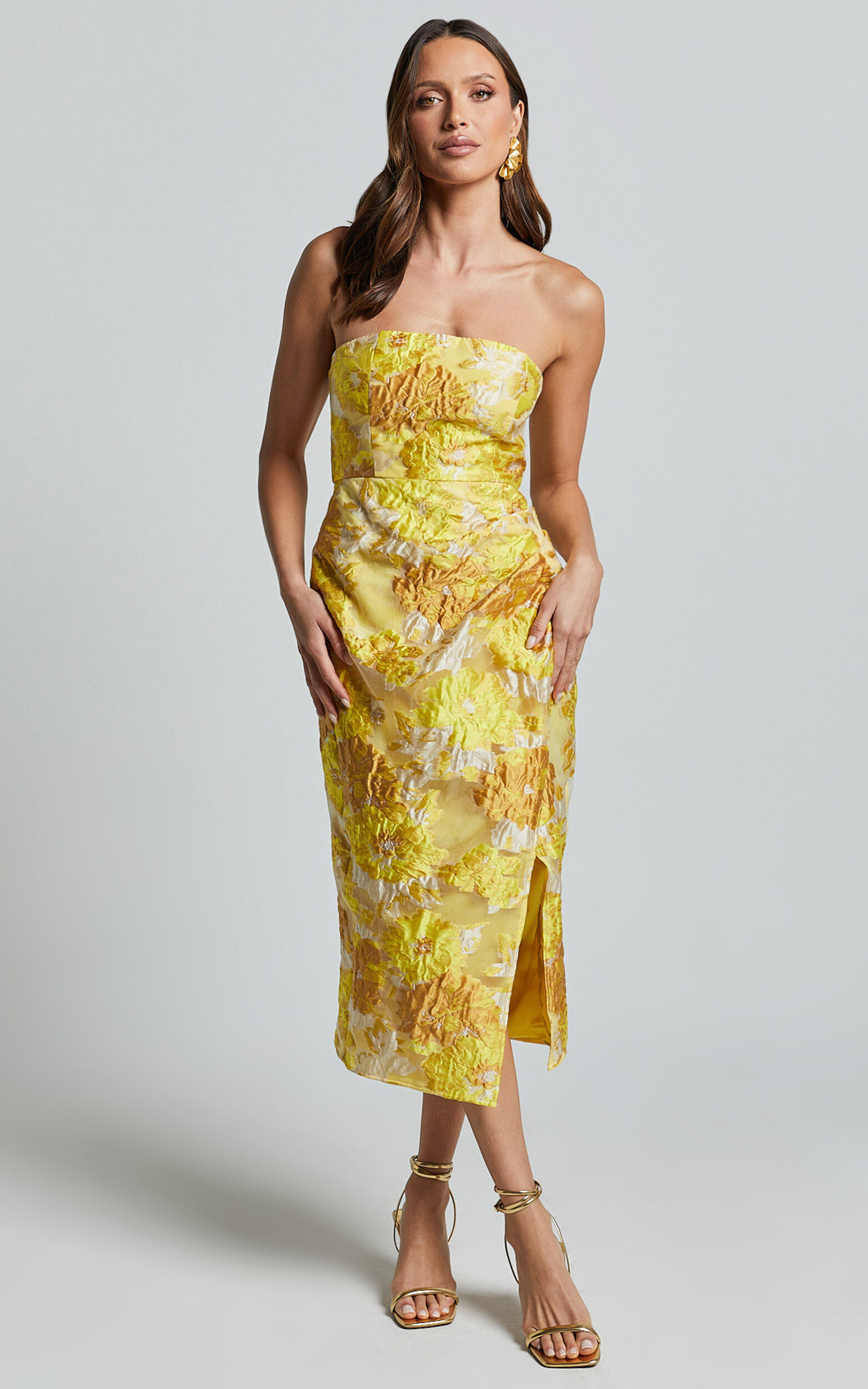 Brailey Midi Dress - Thigh Split Strapless Dress in Yellow Jacquard