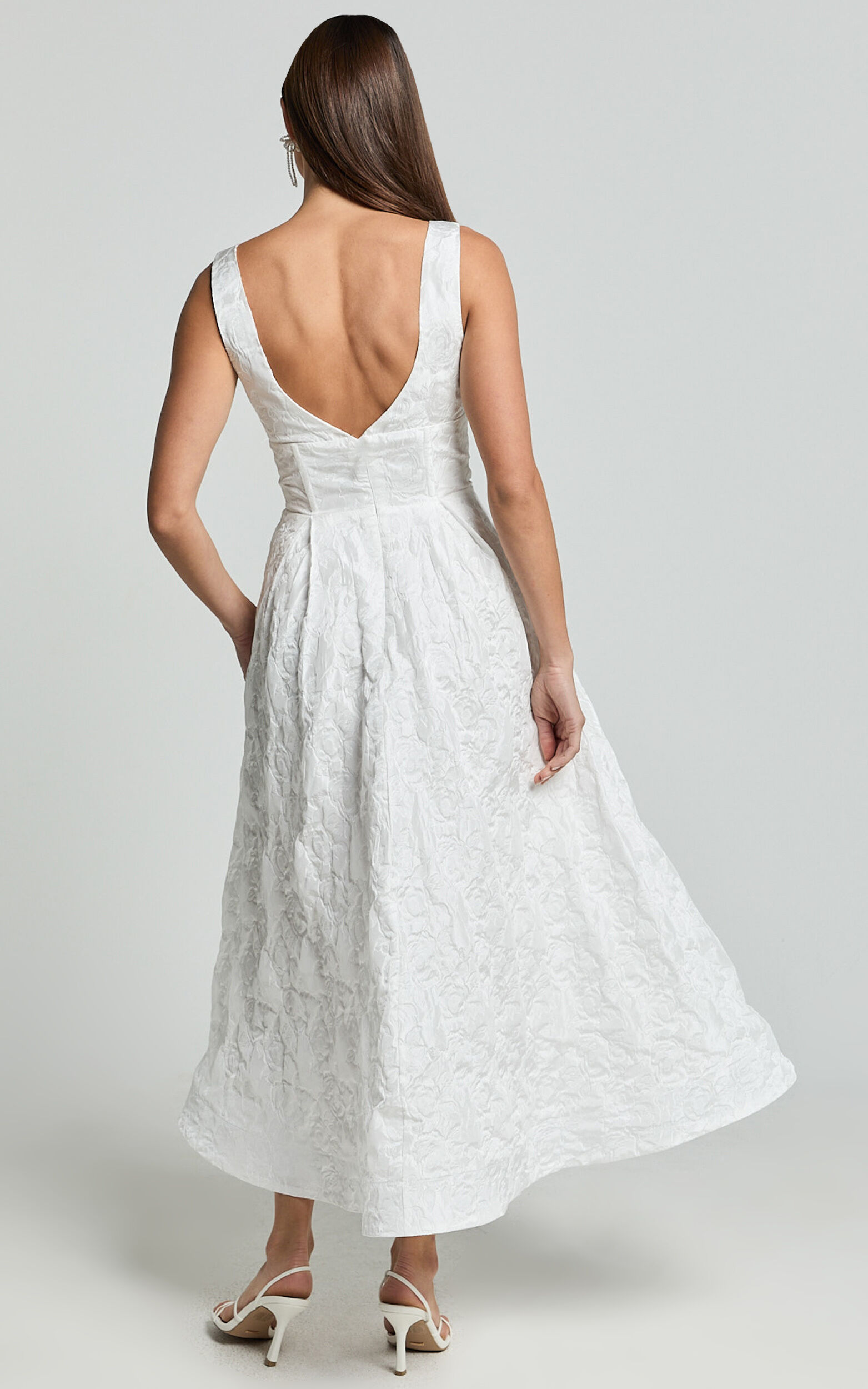 Georgine Midi Dress - Square Neck Fit and Flare Jacquard Dress in Ivory