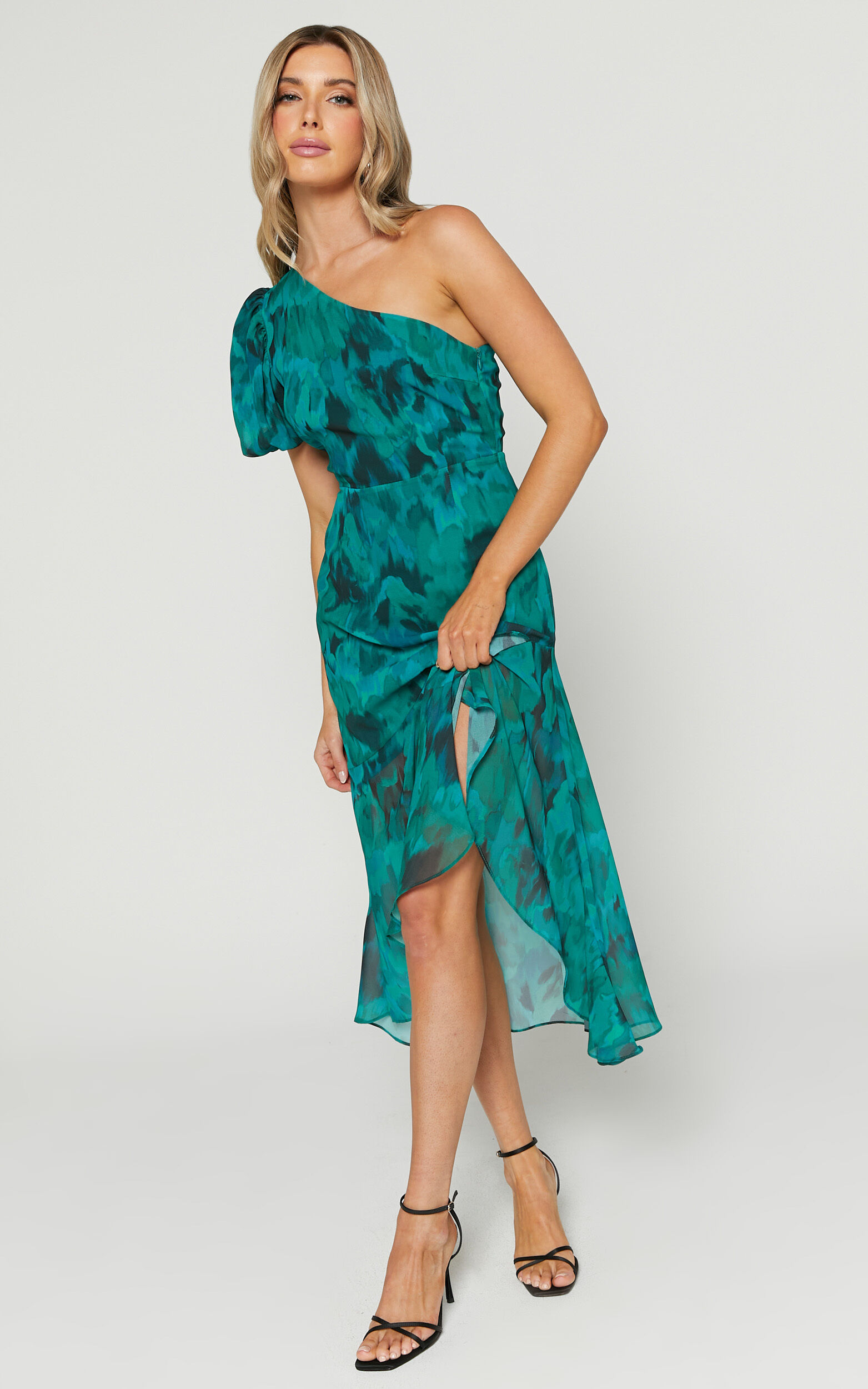 Clabelle Midi Dress - One Shoulder Ruffle Tulip Hem Dress in Emerald Blur Floral