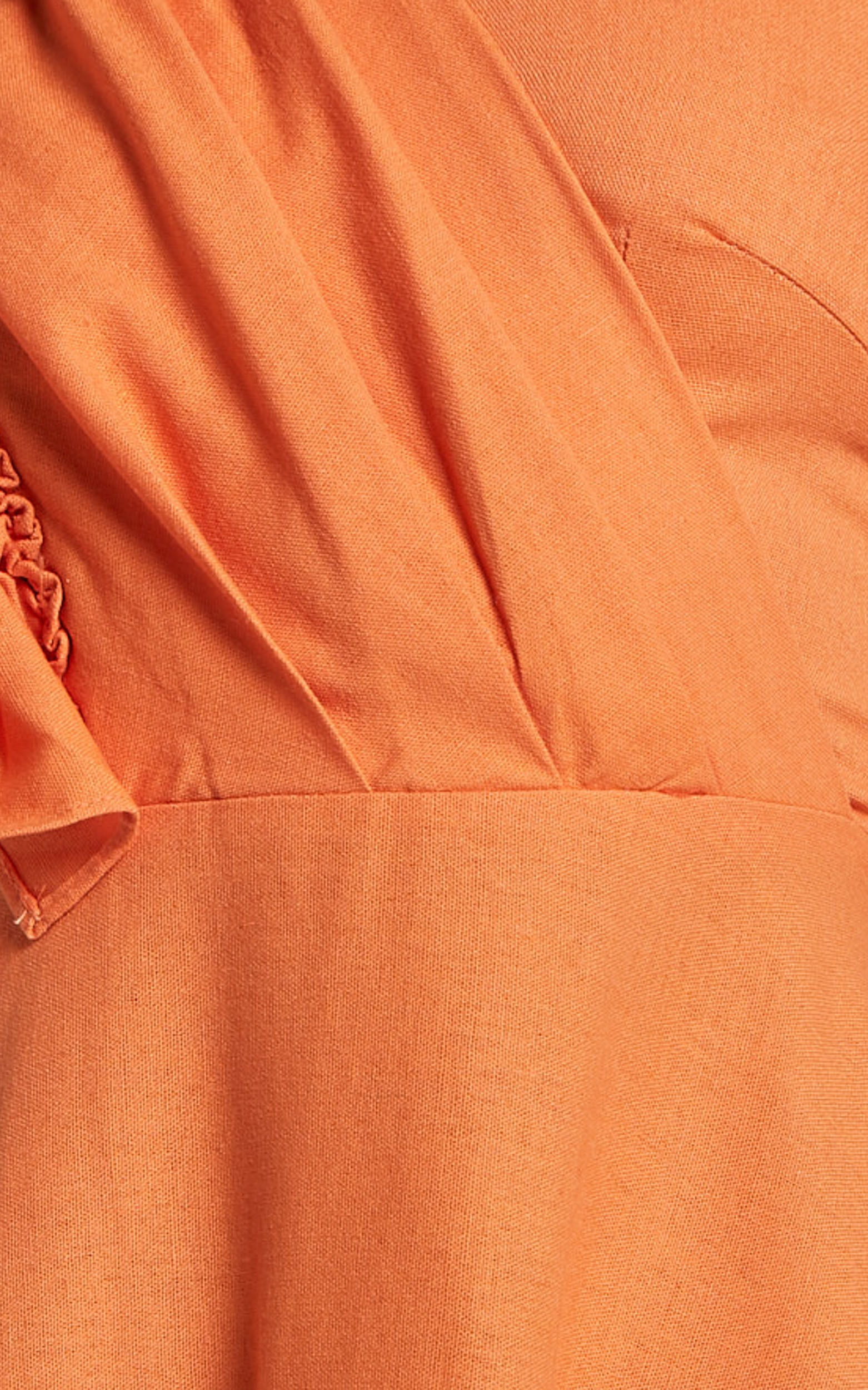 Dixie Midi Dress - Linen Look One Shoulder Ruffle Dress in Orange