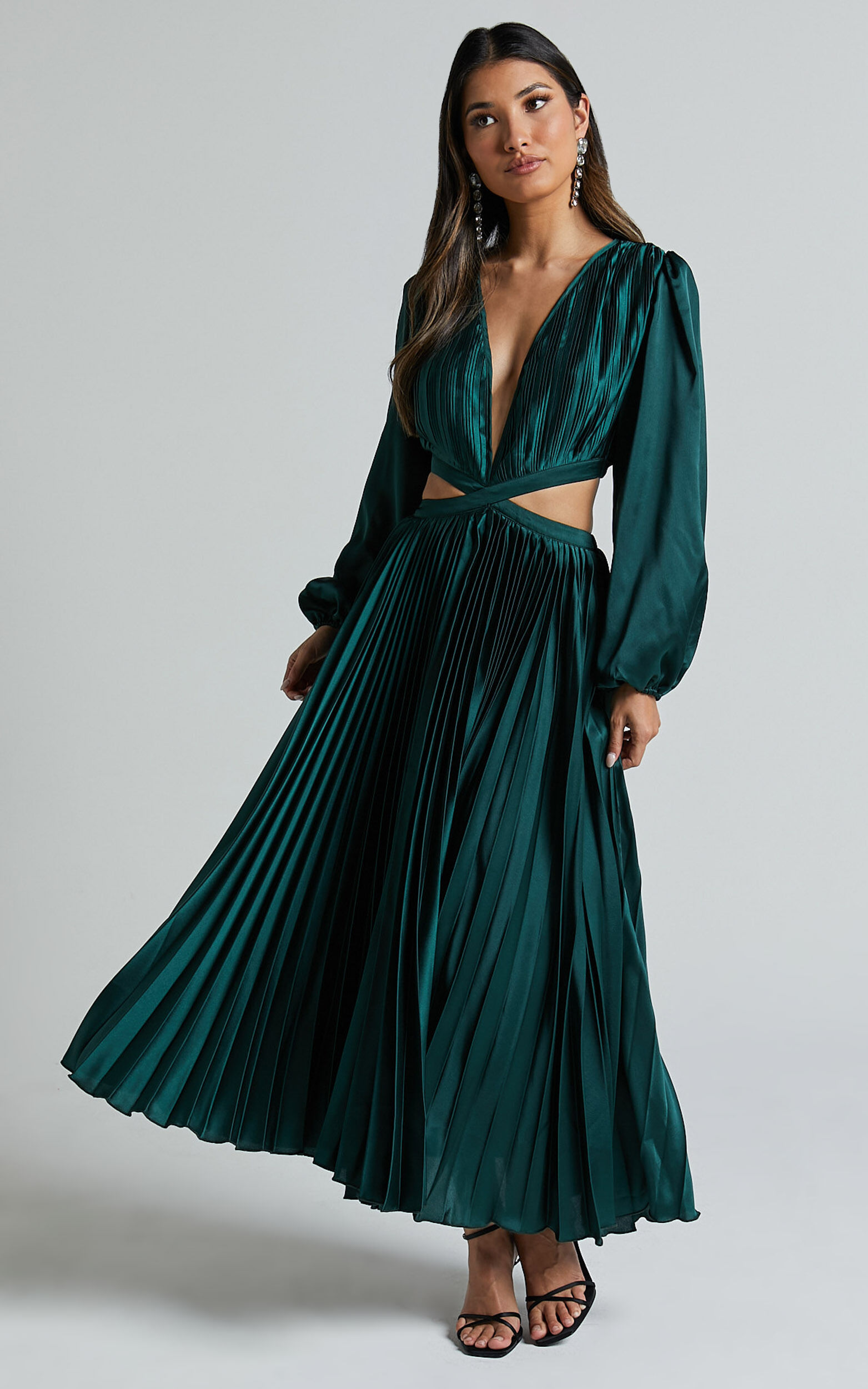 Jade Midi Dress - Side Cut Out Pleated Balloon Sleeve Dress in Emerald Green