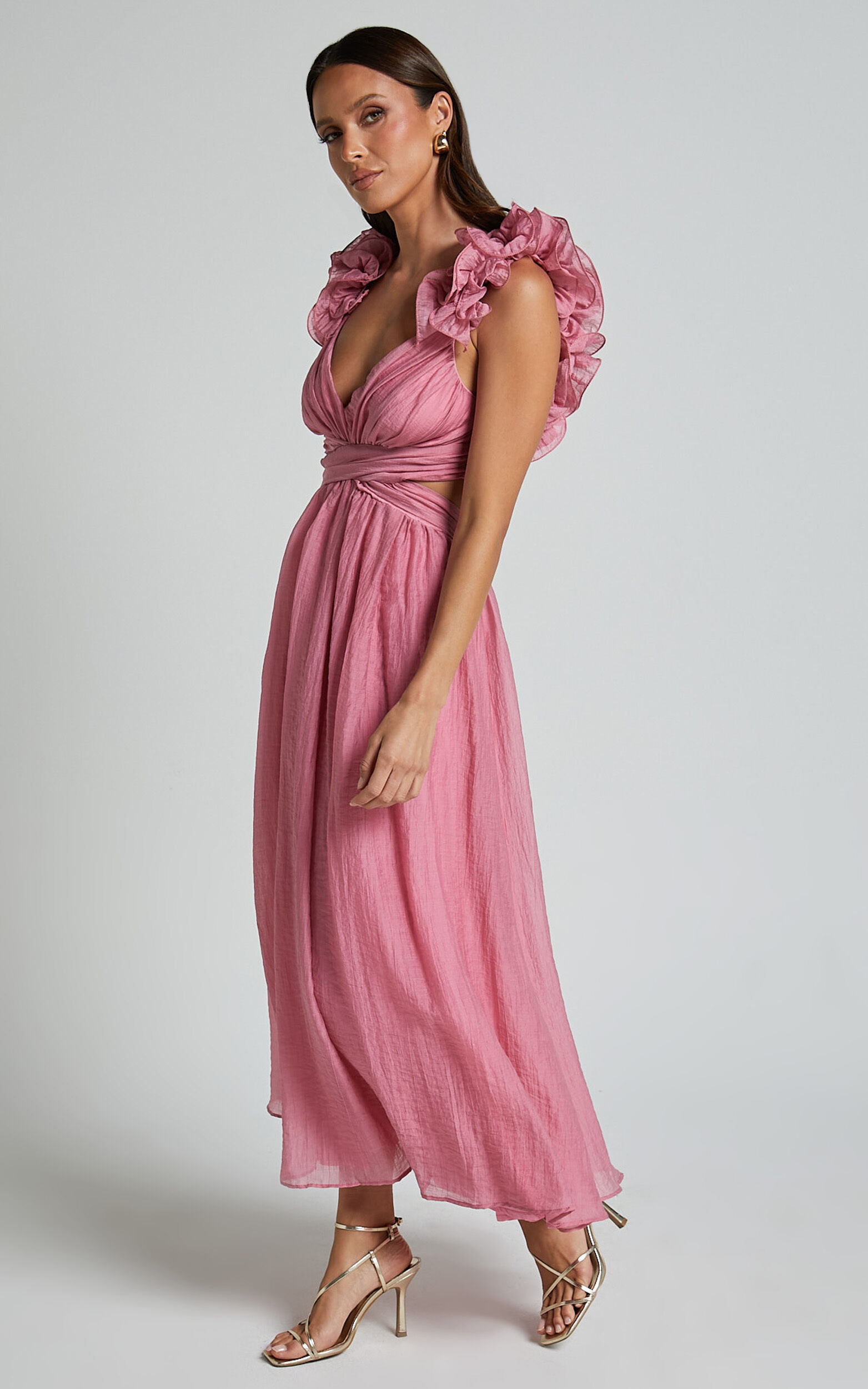 Marielly Midi Dress - Side Cut Out V Neck Ruffle Detail Sleeve Dress in Pink