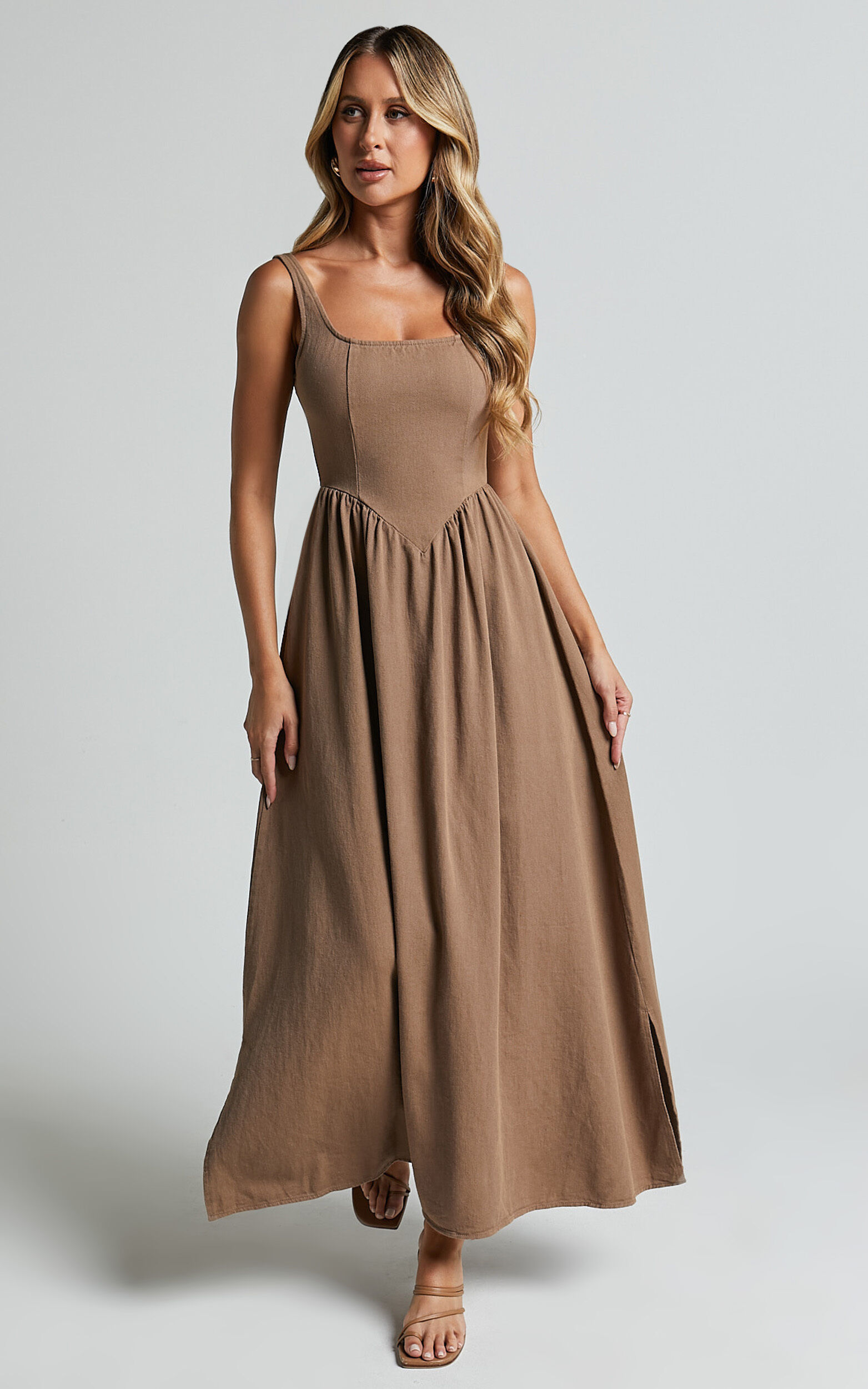Rhaziya Midi Dress - Sleeveless Straight Neck Fit and Flare Dress in Tobacco