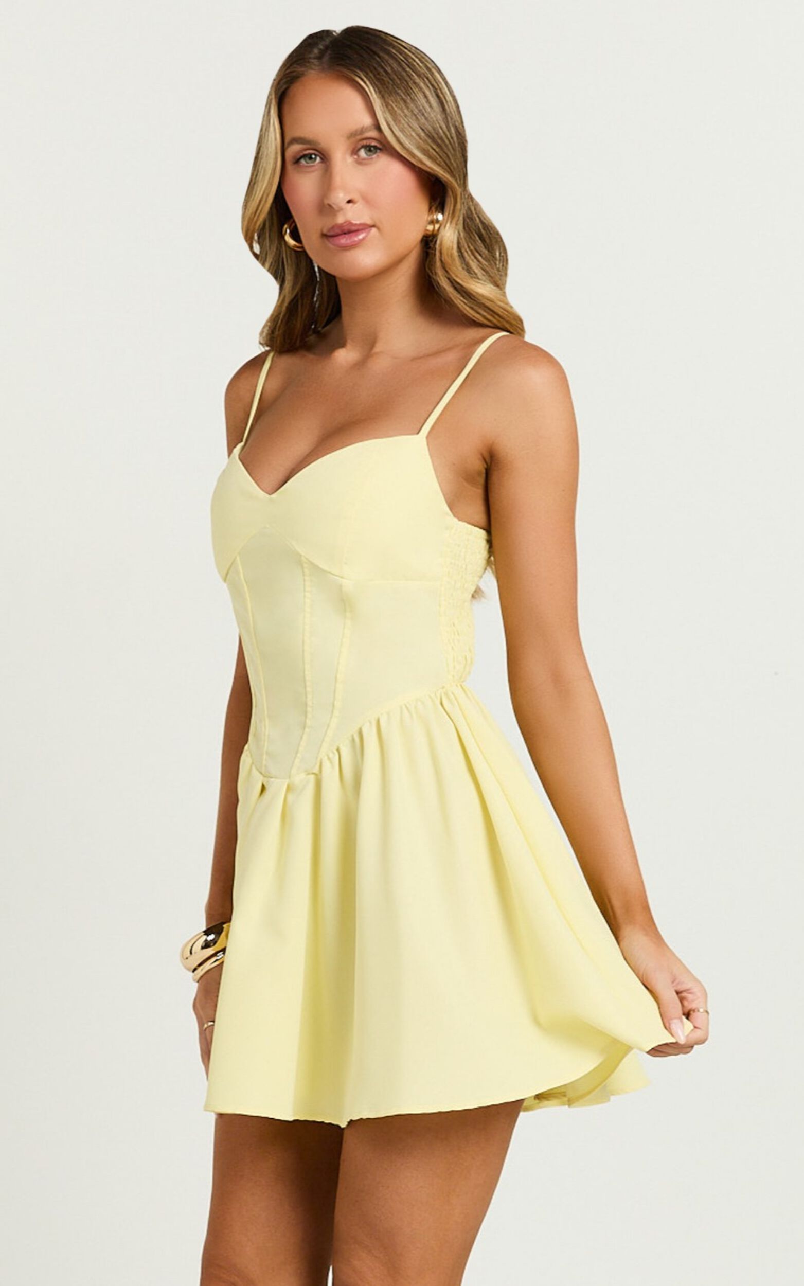 Delaila Mini Dress - Strappy Sweetheart Fit and Flare Dress in Lemon