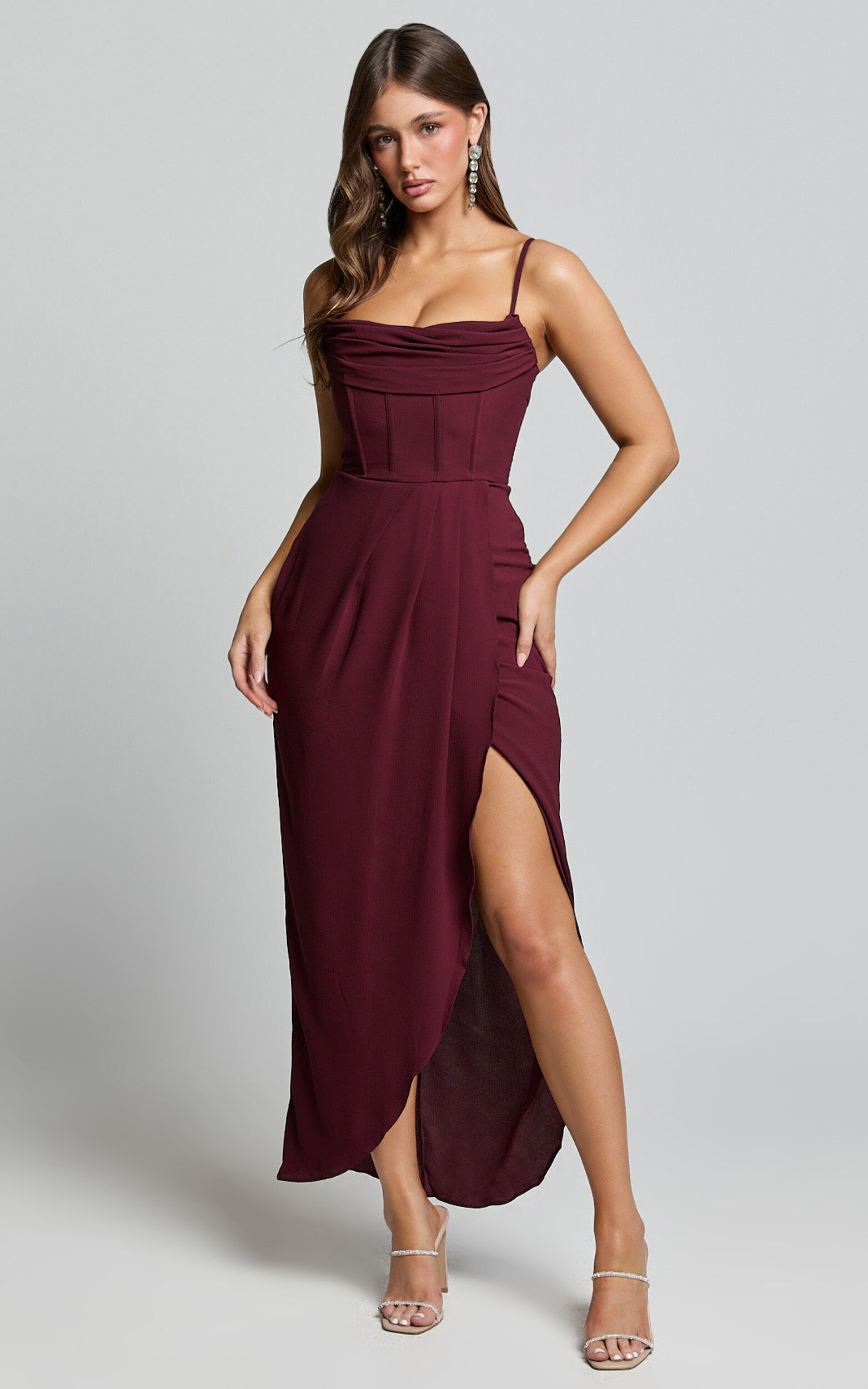 Andrina Midi Dress - High Low Wrap Corset Dress in Wine