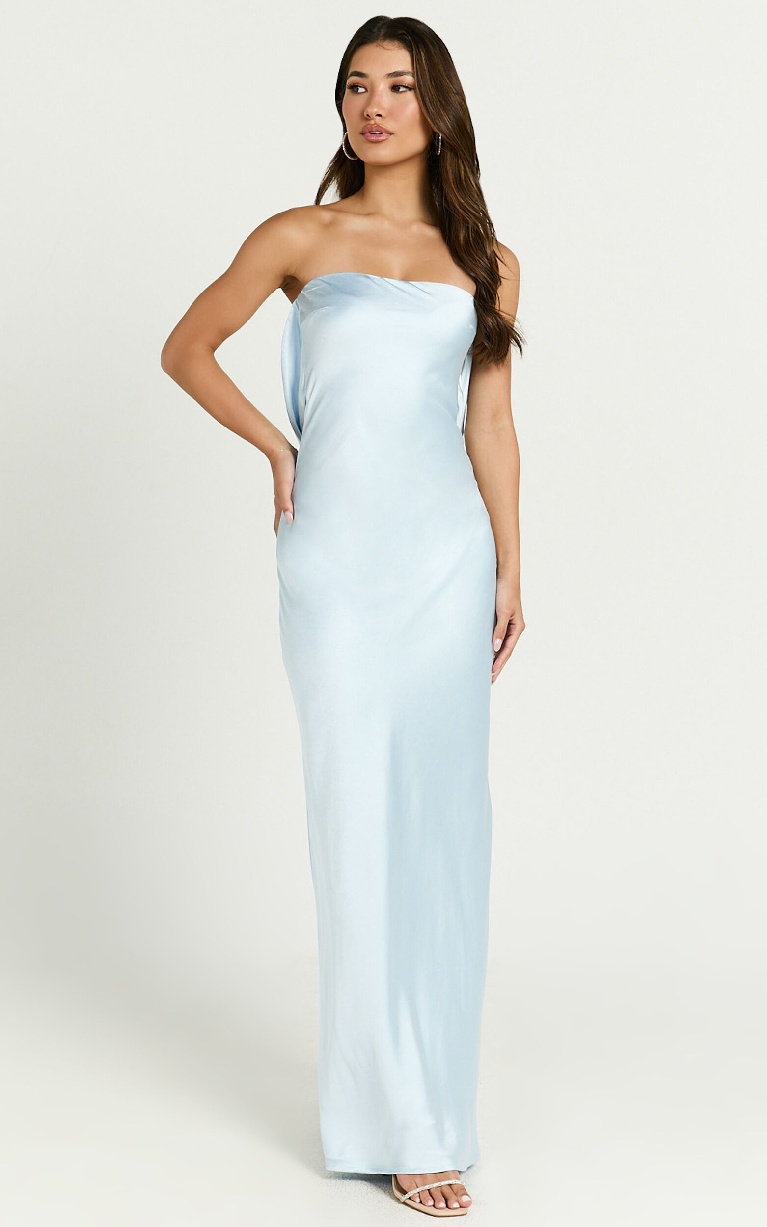 Charlita Maxi Dress - Strapless Cowl Back Satin Dress in Light Blue