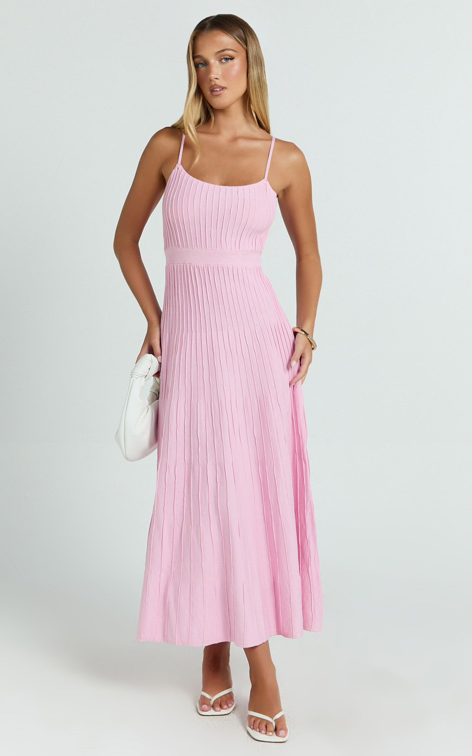 Donissa Midi Dress - Panelled Knit Dress in Pale Pink