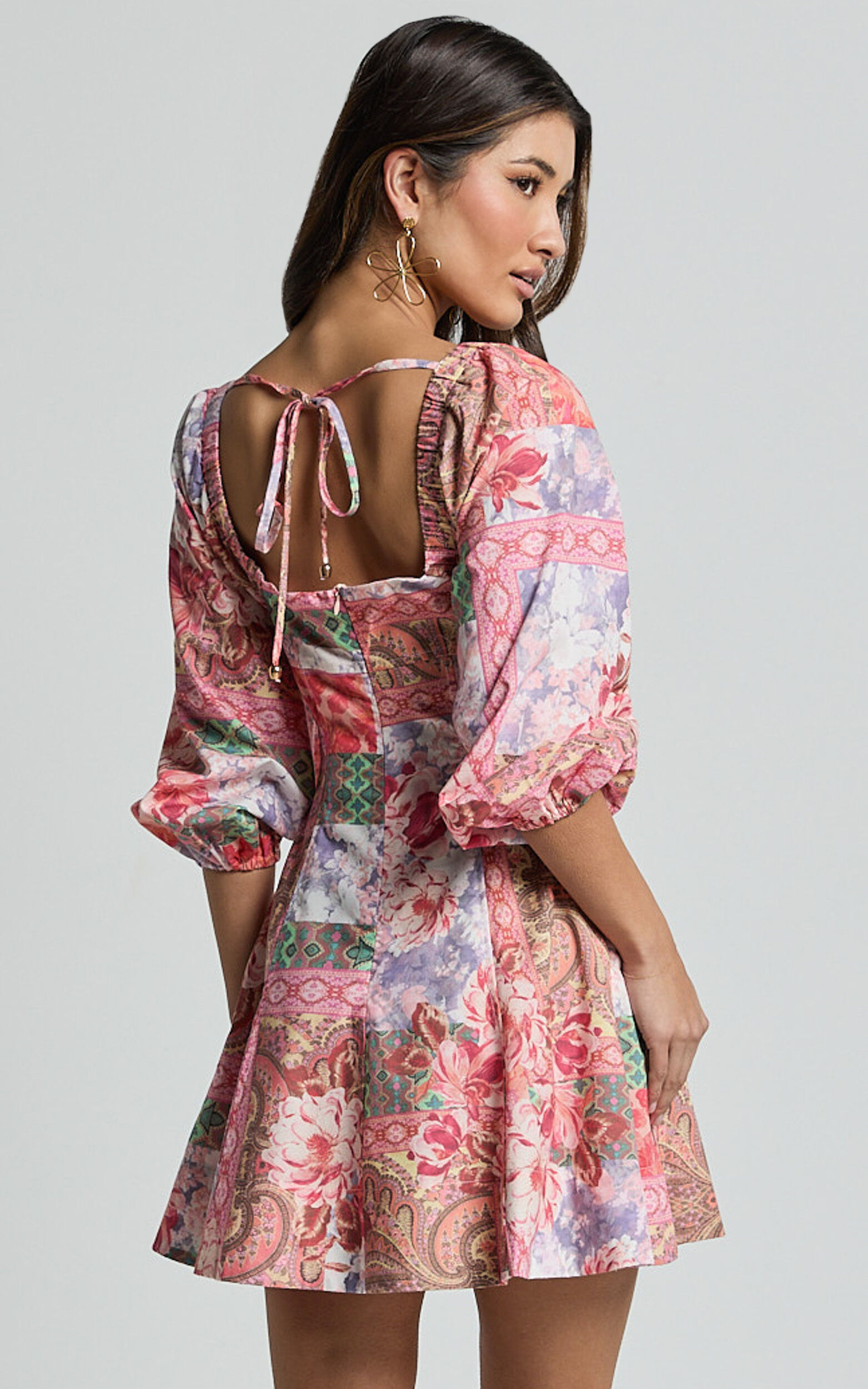 Enya Mini Dress - Puff Sleeve Empire Waist Dress in Floral Mosaic Print