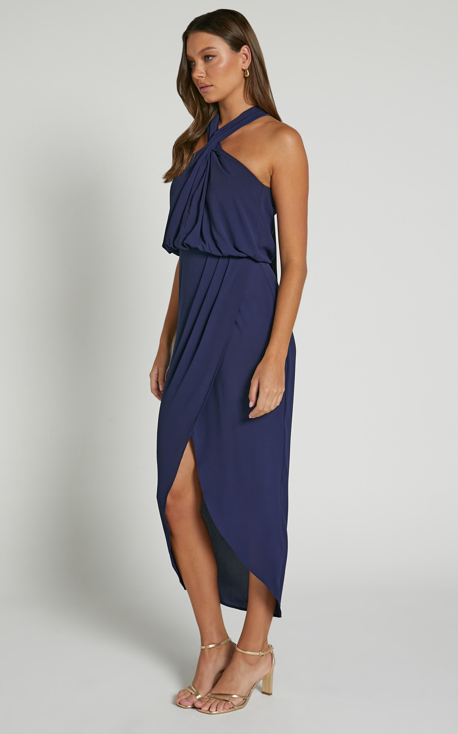 Sofiah Midi Dress - Twist Halterneck Split Dress in Navy