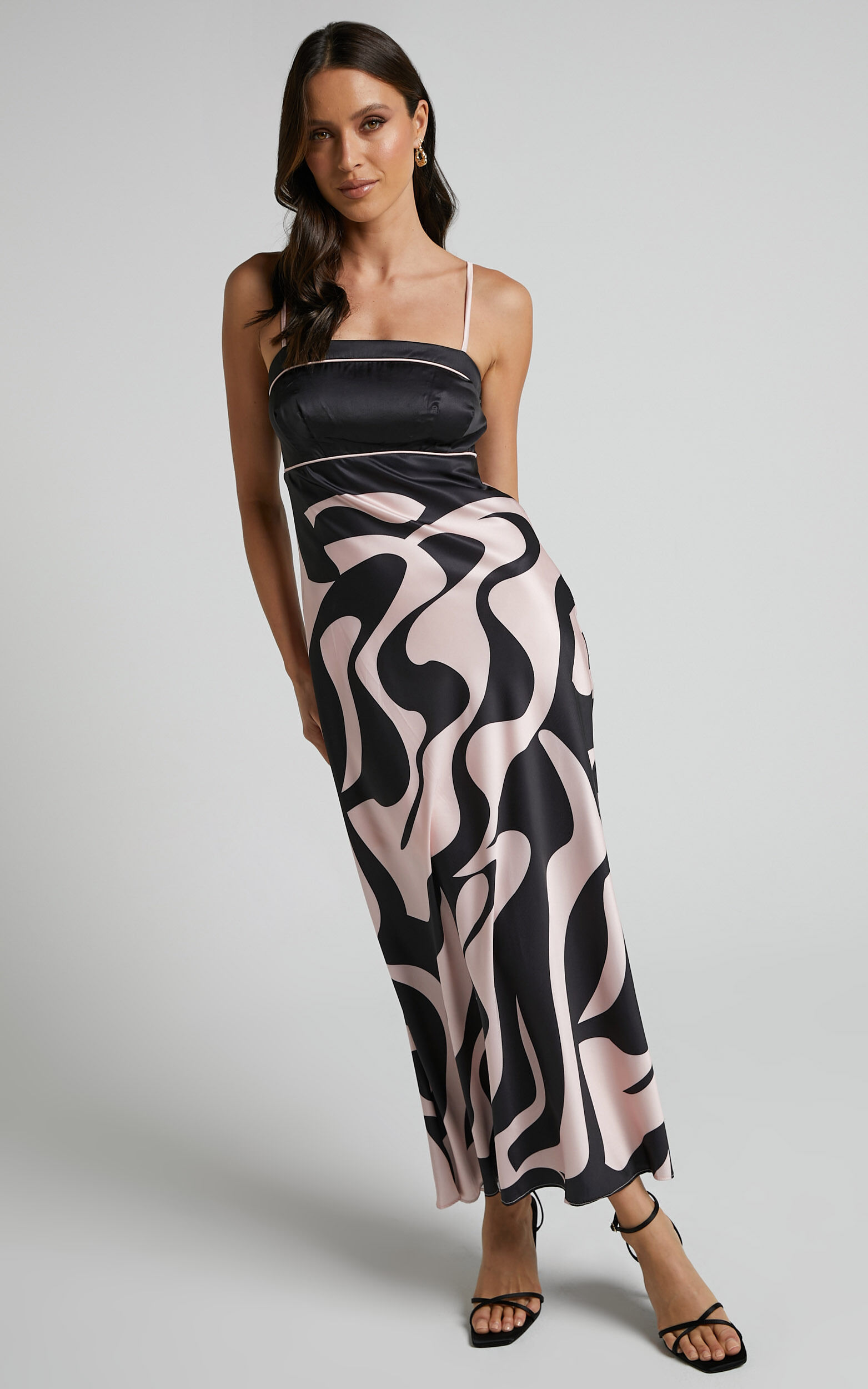 Angela Midi Dress - Thin Strap A Line Dress in Black & Cream Swirl