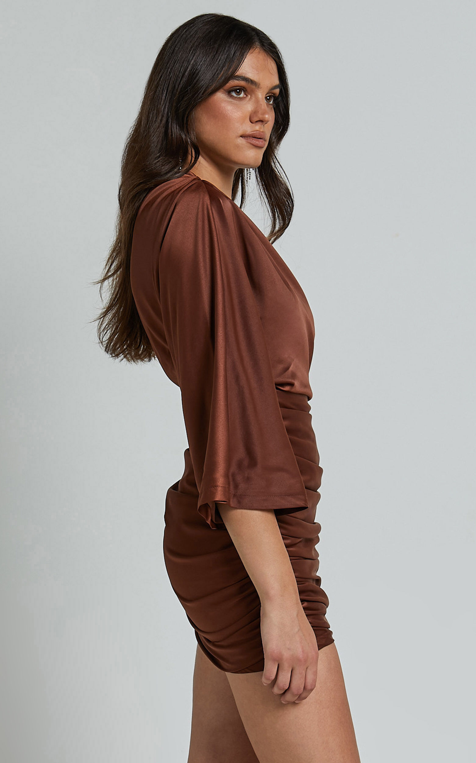 Carolleen Mini Dress - One Shoulder Ruched Bodycon Satin Dress in Chocolate
