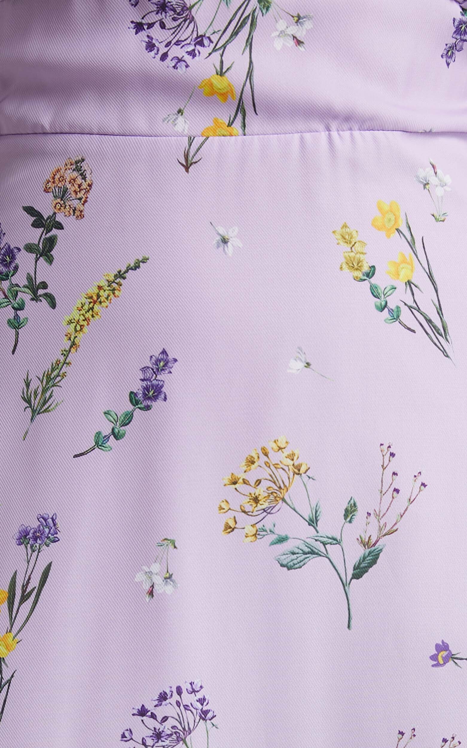 Monaco Midi Dress - Strappy Sweetheart Tiered Dress in Lavender Botanical Floral