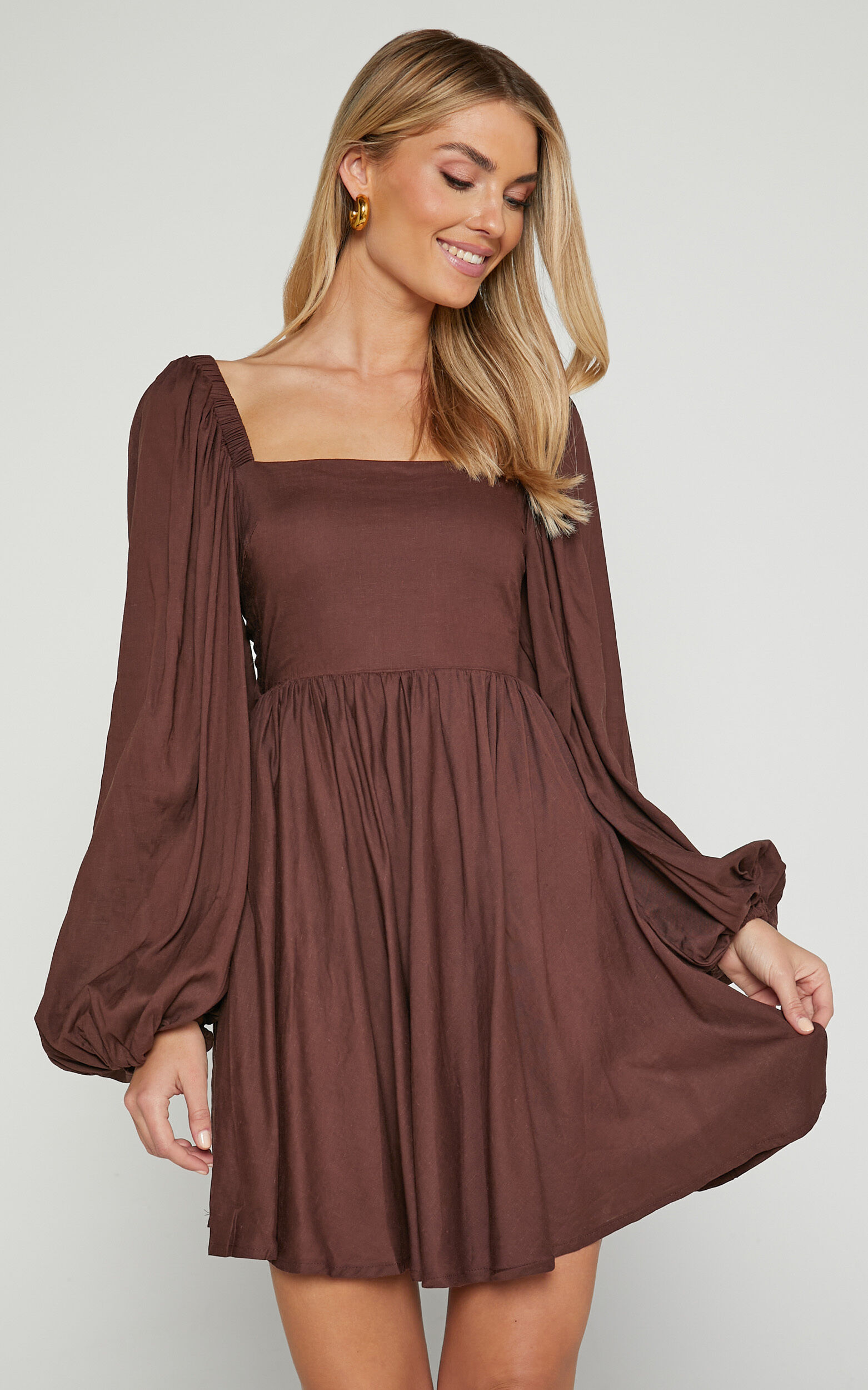 Alessandra Mini Dress - Linen Puff Sleeves Dress in Chocolate