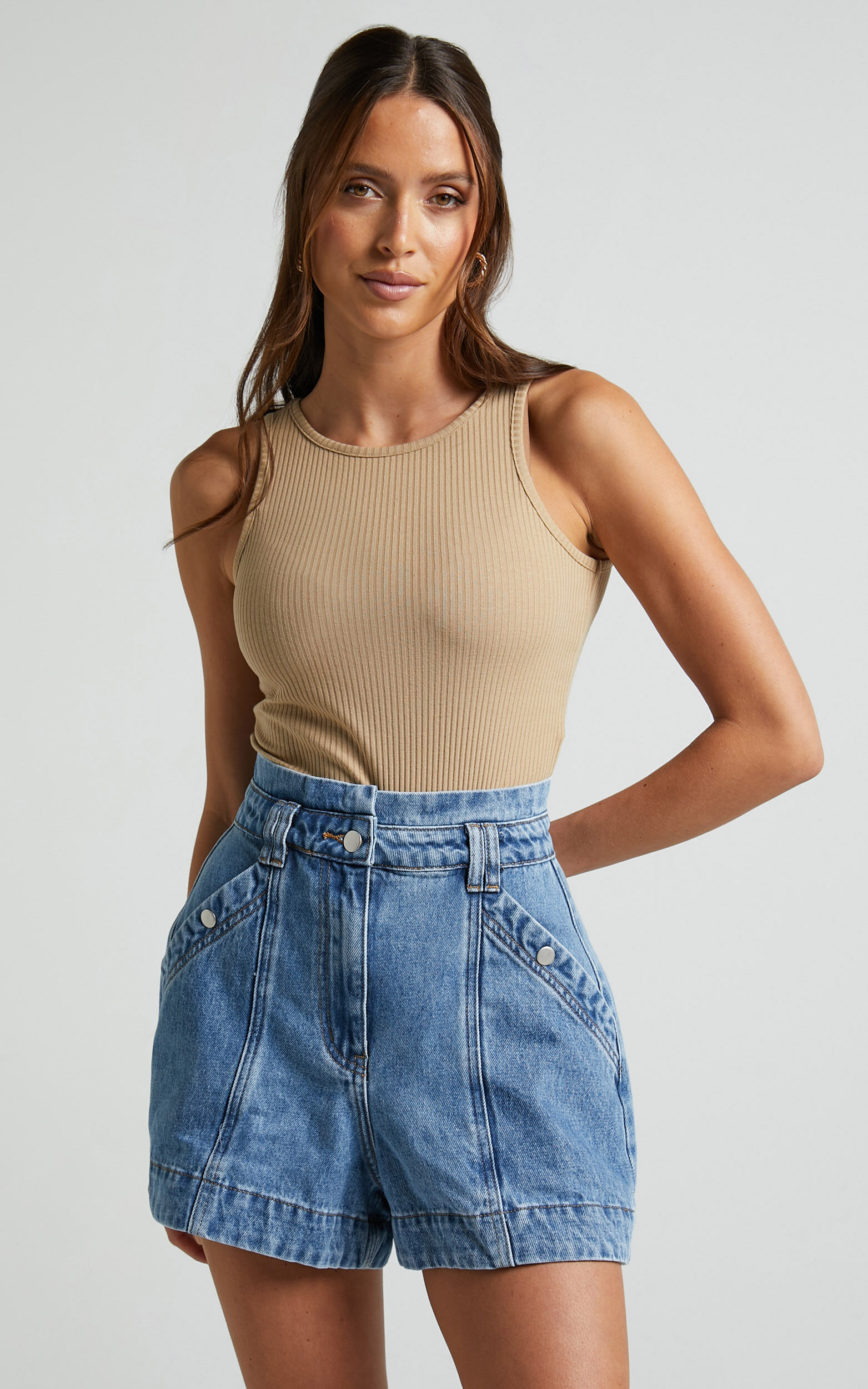 Kayla Shorts - High Waisted A Line Denim Shorts in Mid Blue Wash