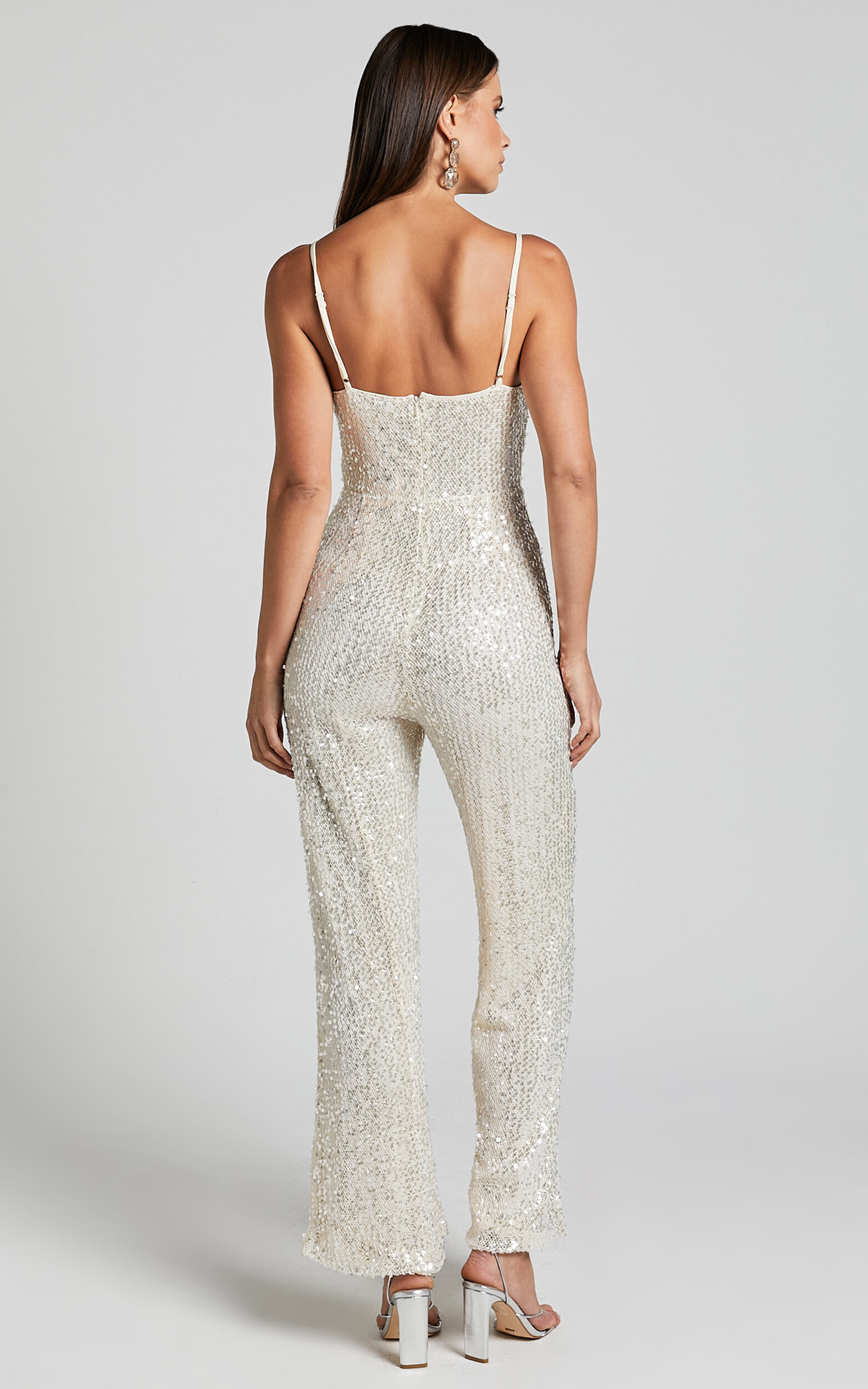 Carlie Jumpsuit - Straight Neck Strappy Sequin in Champagne