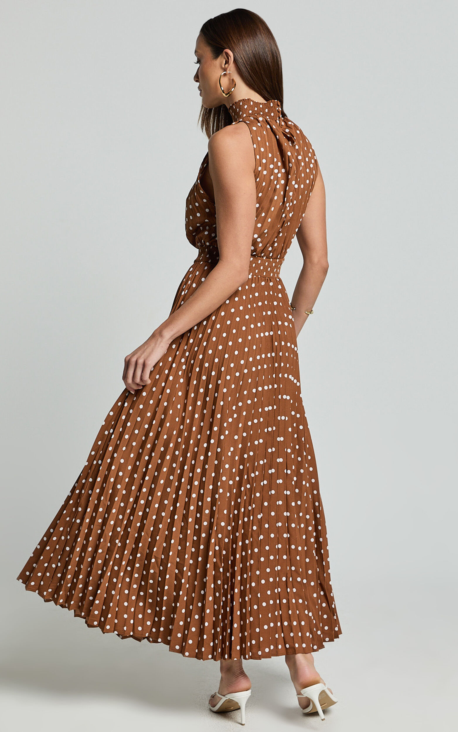 Jacynthia Midi Dress - Pleated High Neck Dress in Chocolate/White