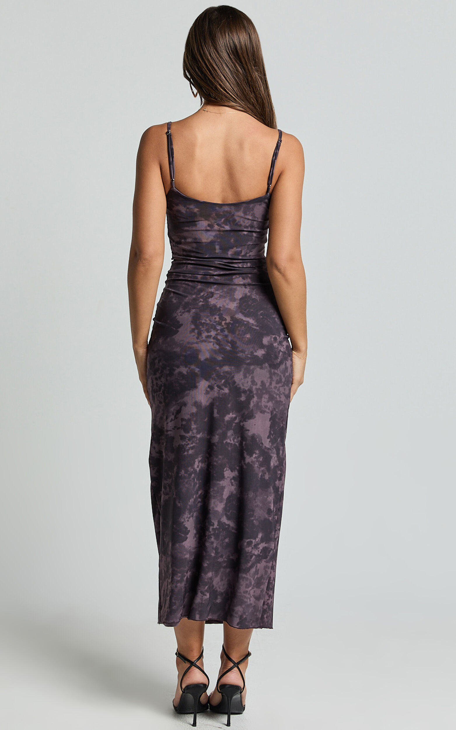 Teagan Midi Dress - Strappy Mesh Slip Dress in Plum