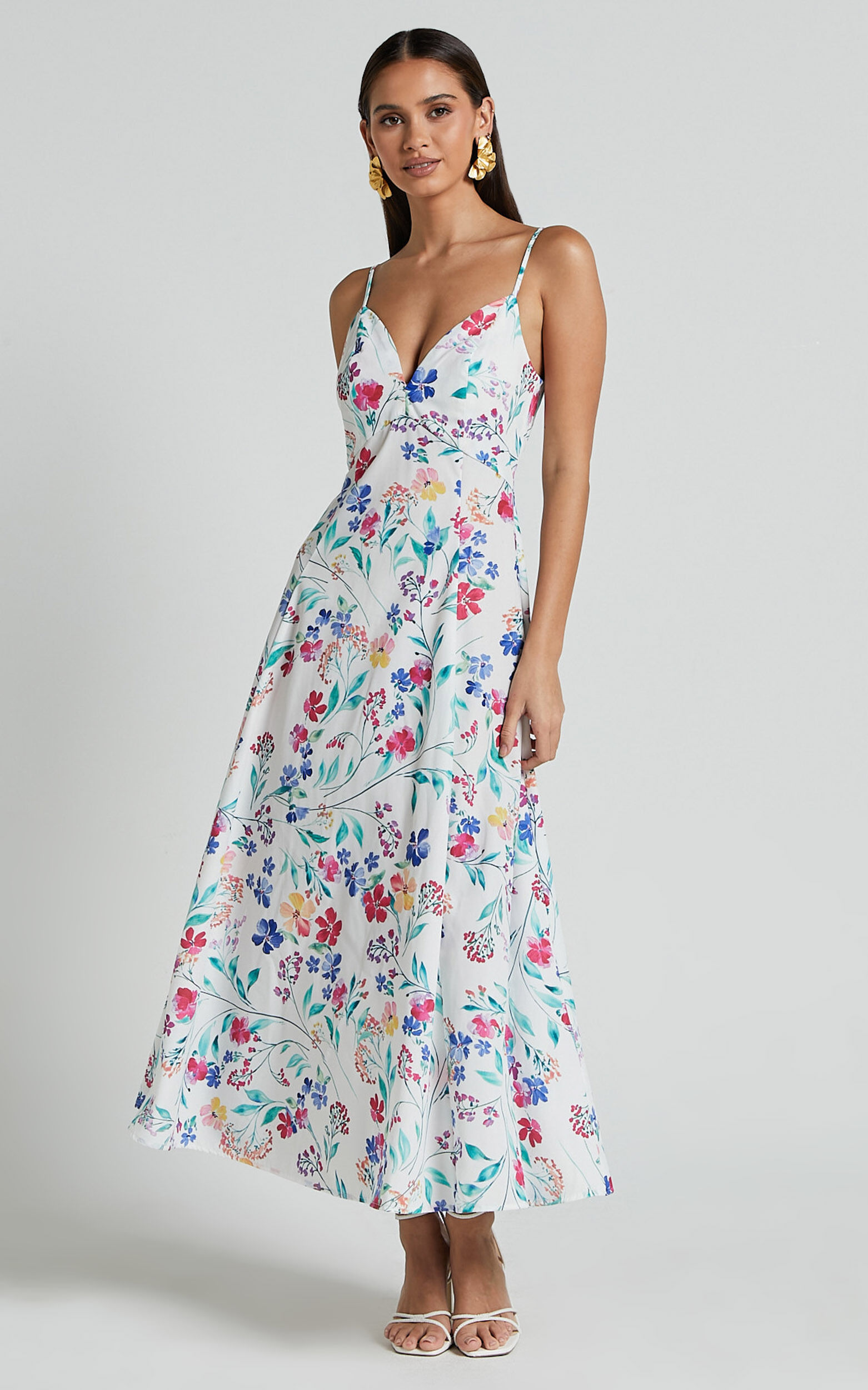 Georgia Midi Dress - Strappy Plunge A Line Dress in Peony Meadow Print