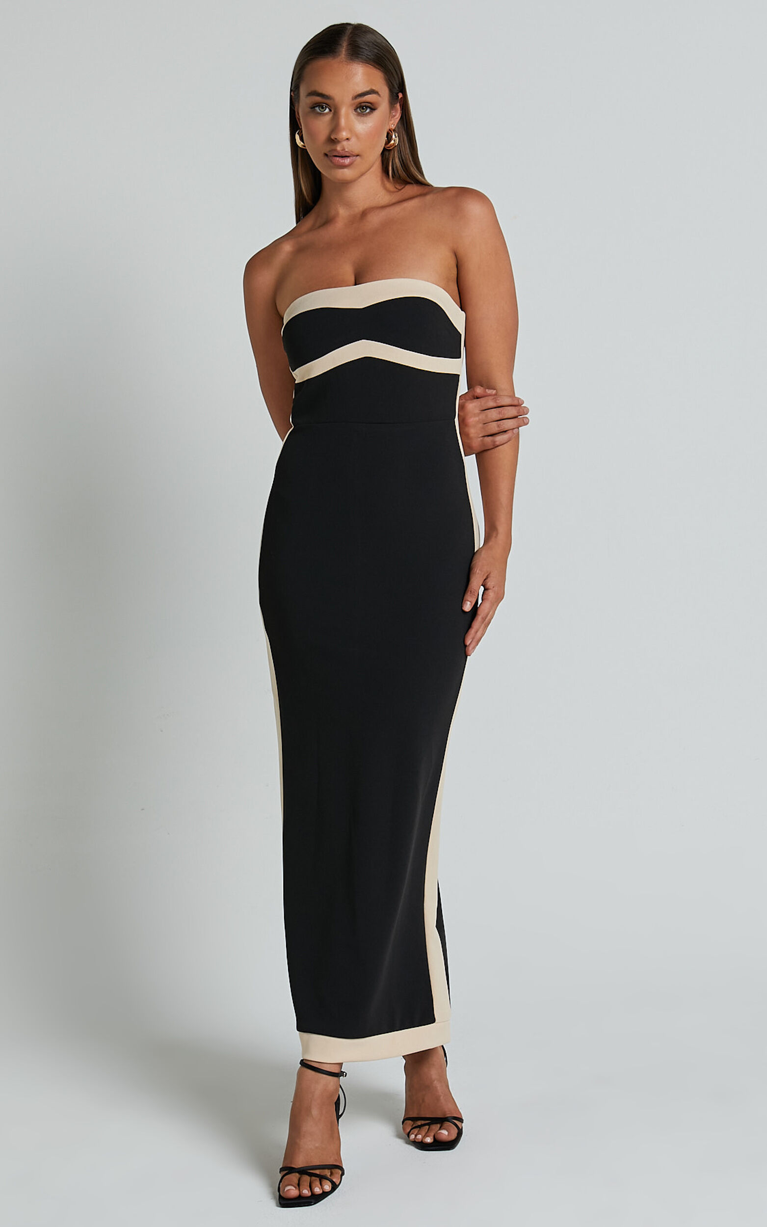 Chailyn Midi Dress - Strapless Bodycon Dress in Black