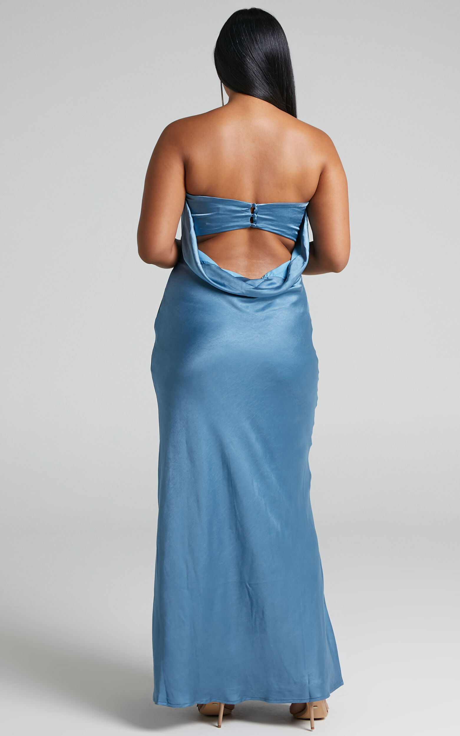 Charlita Maxi Dress - Strapless Cowl Back Satin Dress in Steel Blue