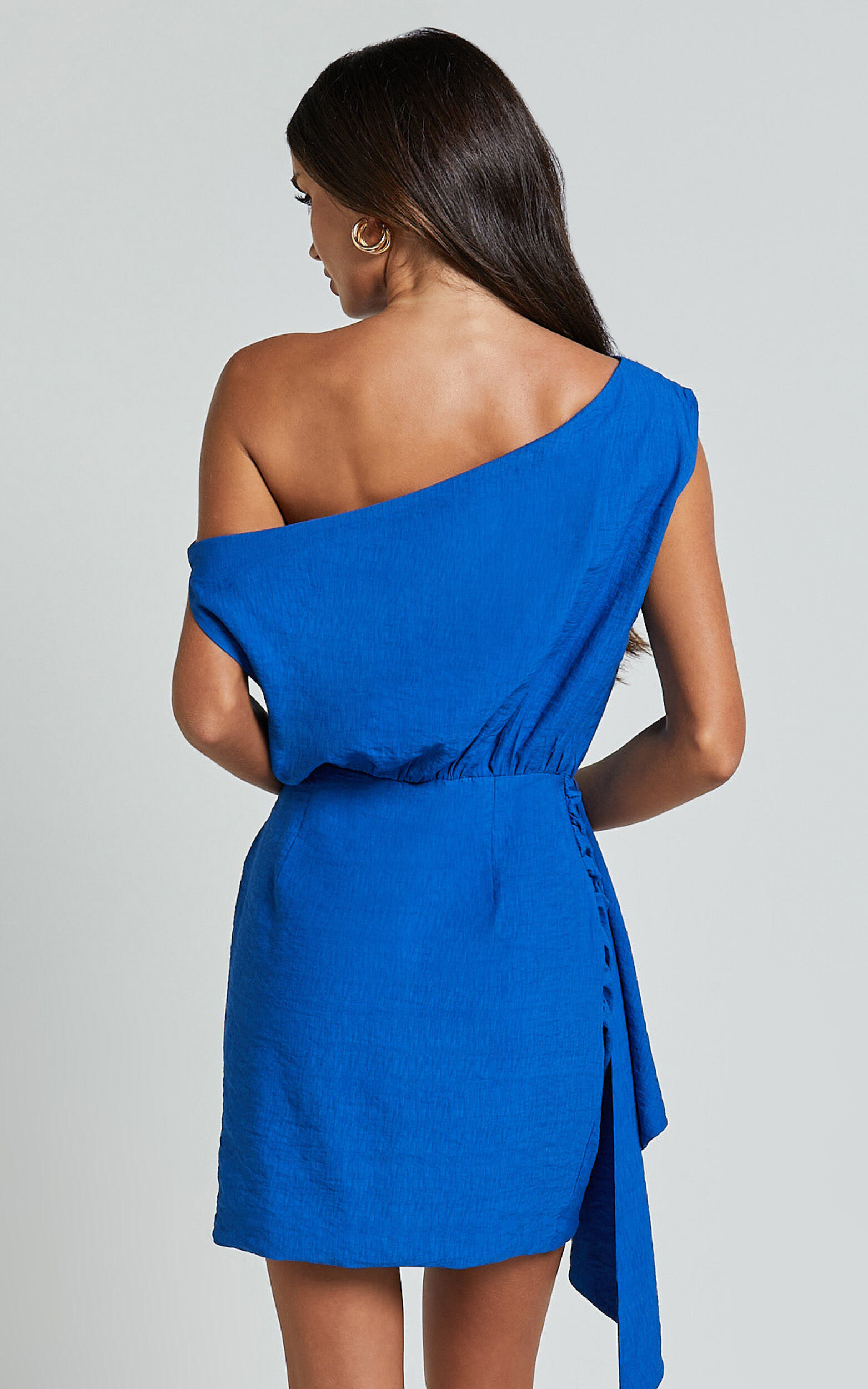 Niana Mini Dress - Drape One Shoulder Dress in Blue