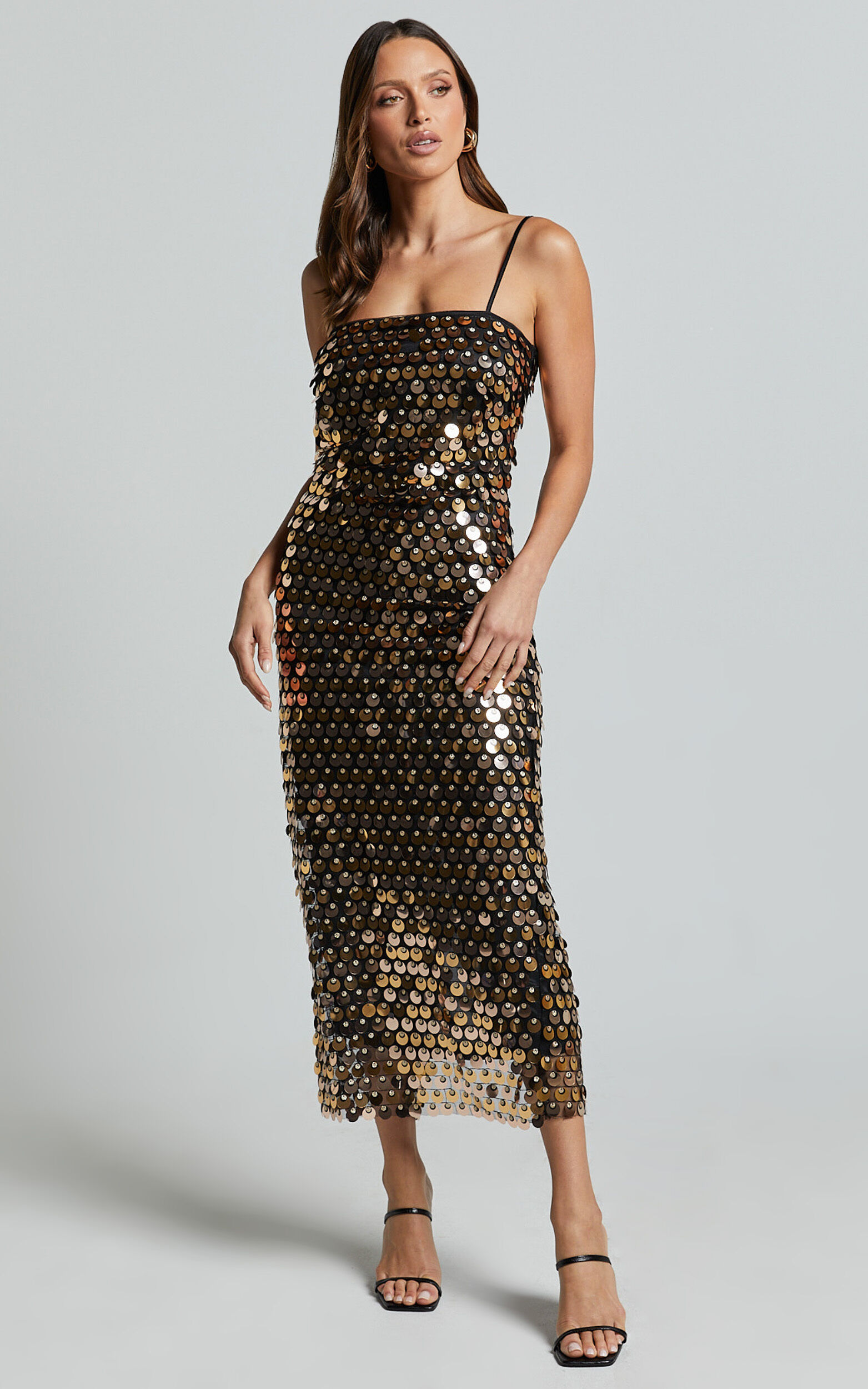 Amarie Midi Dress - Circle Sequin Dress in Gold