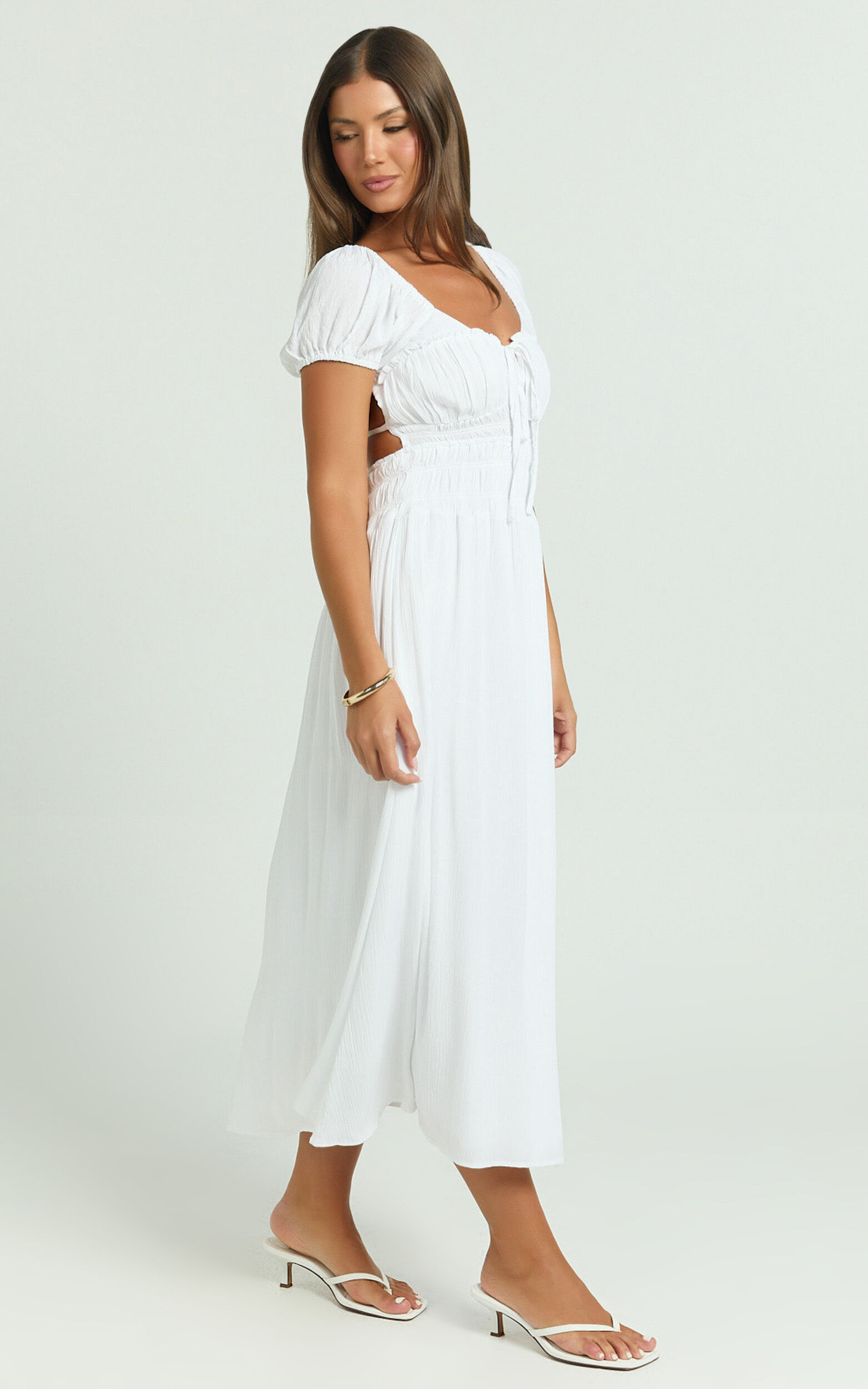 Nova Midi Dress - Open Back Ruched Dress in White