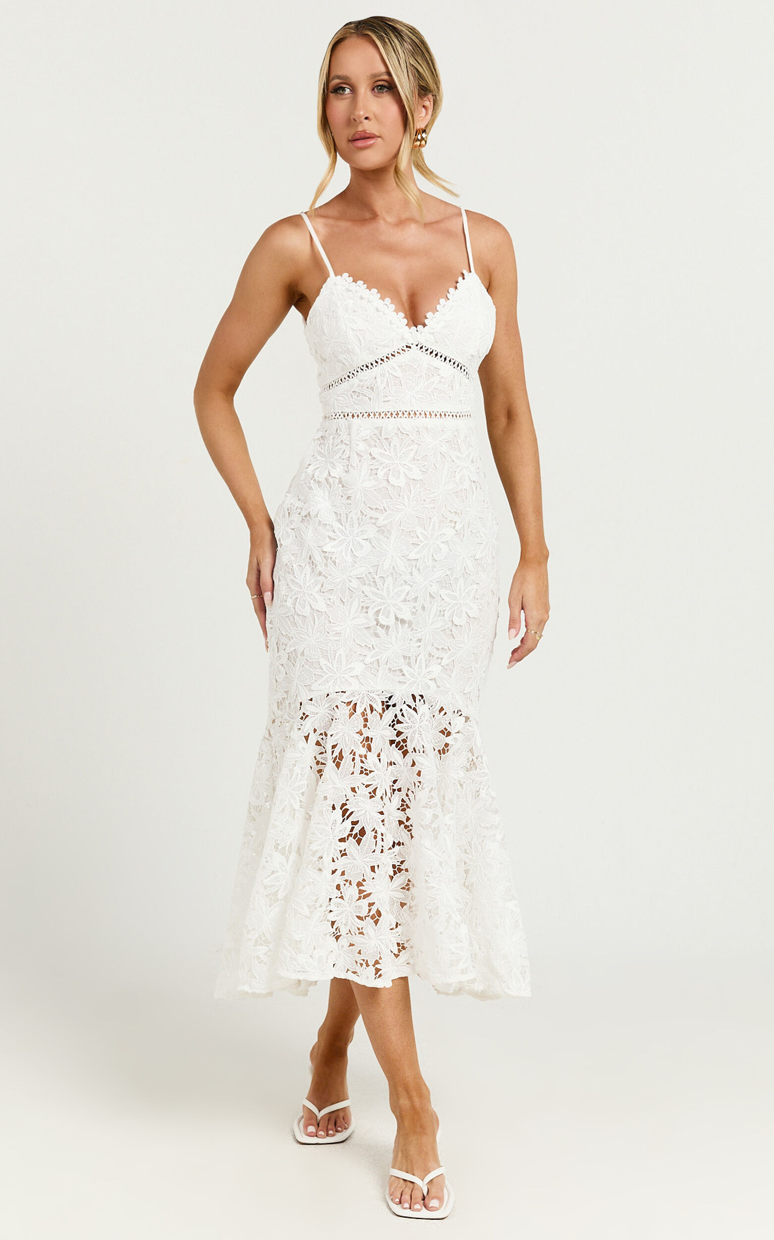 Aracely Midi Dress - Strappy Sweetheart Lace Mermaid Dress in White