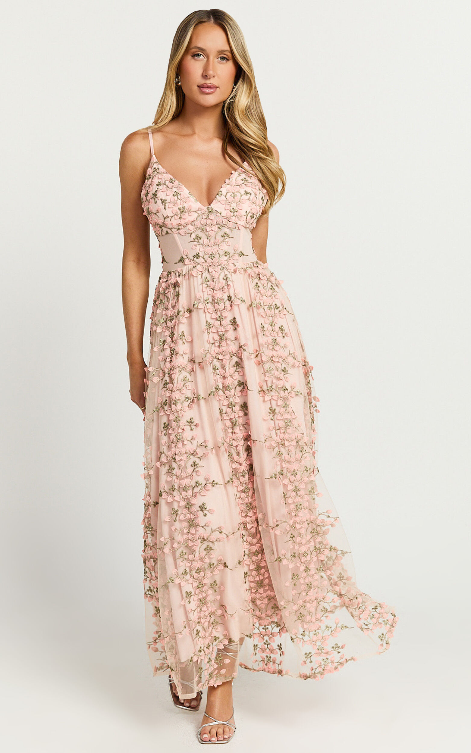 Amalie The Label - Lou V Neck Embroidered Tulle Maxi Dress in Blush