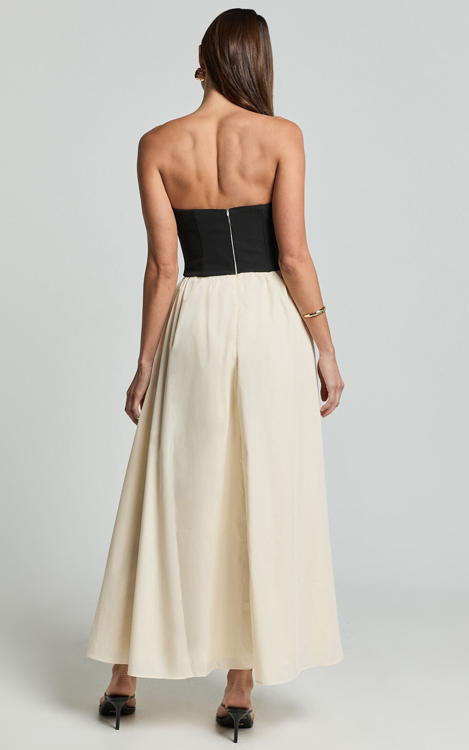 Alvana Midi Dress - Strapless Shift Dress in Black/Beige