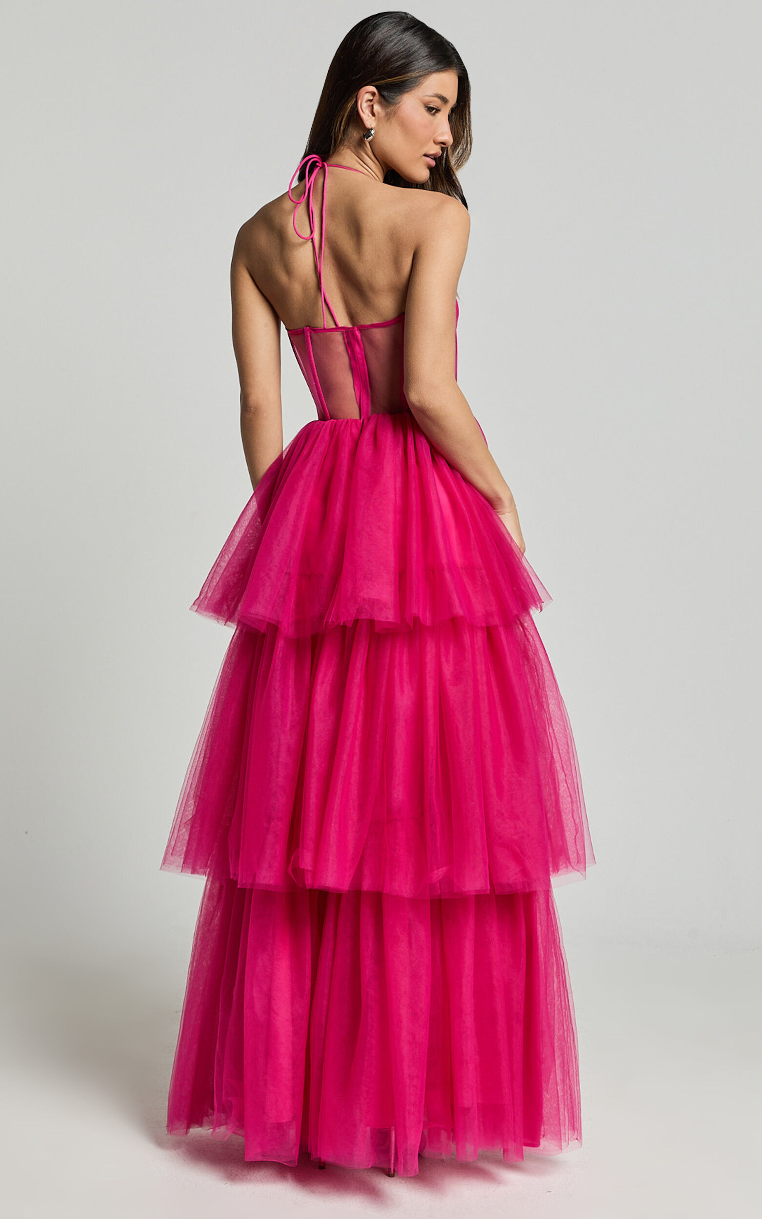 Ariel Maxi Dress - Tiered Tulle Bustier Halter Dress in Hot Pink