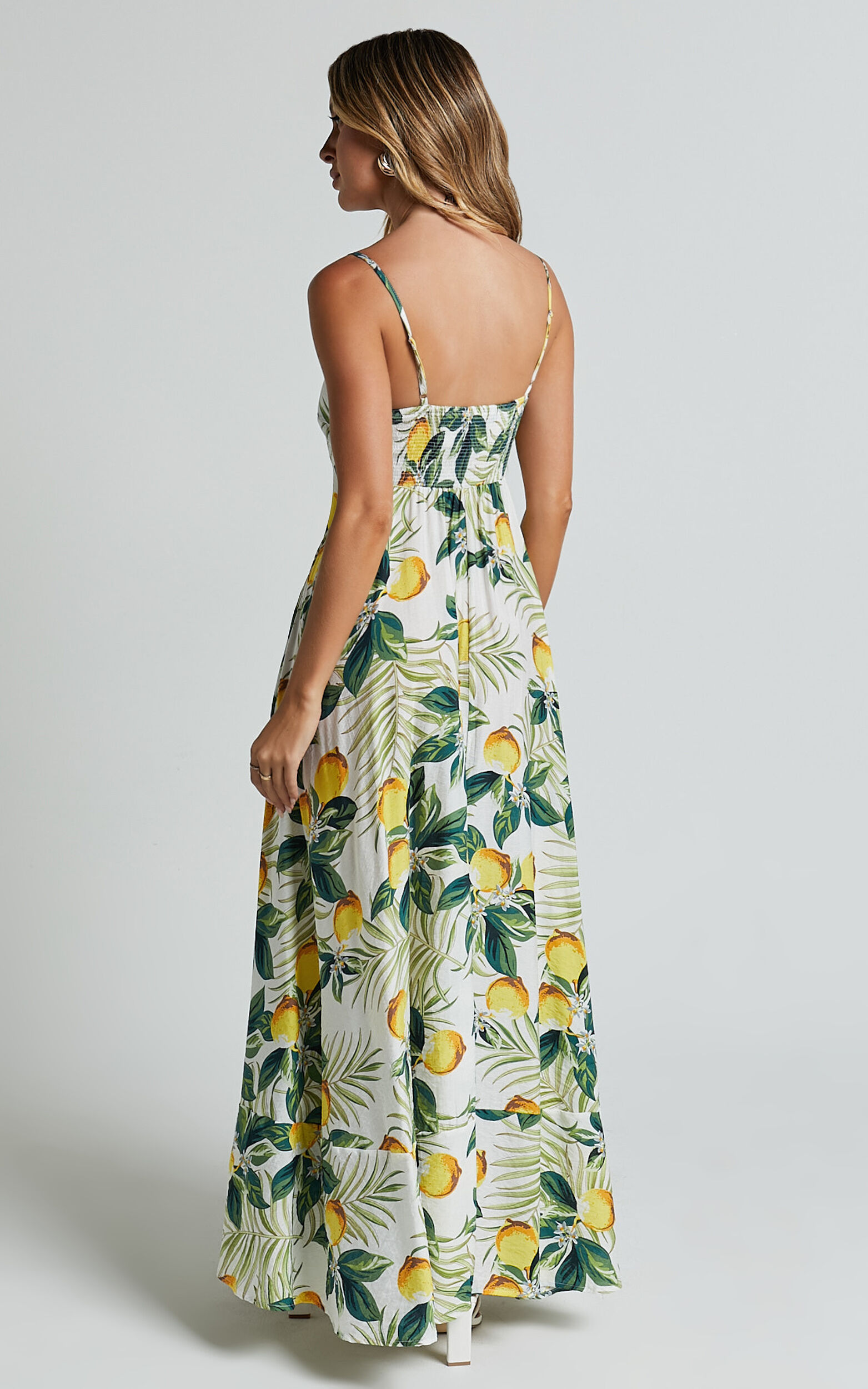 Cardi Maxi Dress - Strappy Straight Neck A Line Dress in Yellow