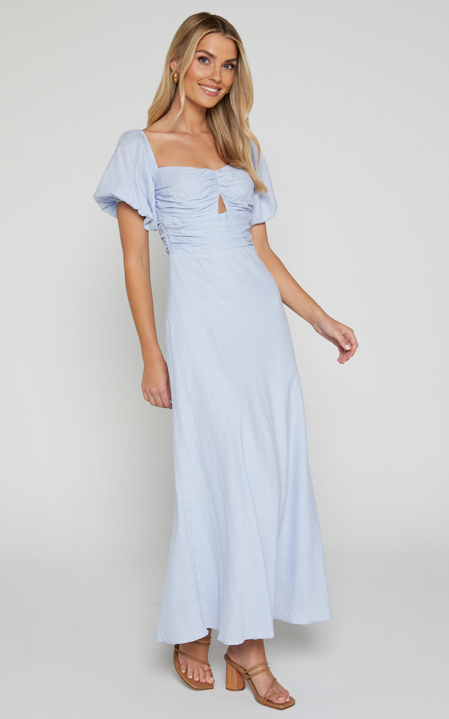 Vynna Midi Dress - Scoop Neck Puff Sleeve Ruched Bust A Line Dress in Blue