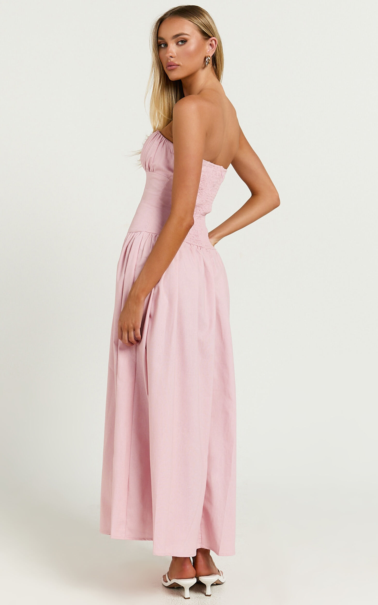 Jerah Midi Dress - Ruched Bust Full Skirt Dress in Pink