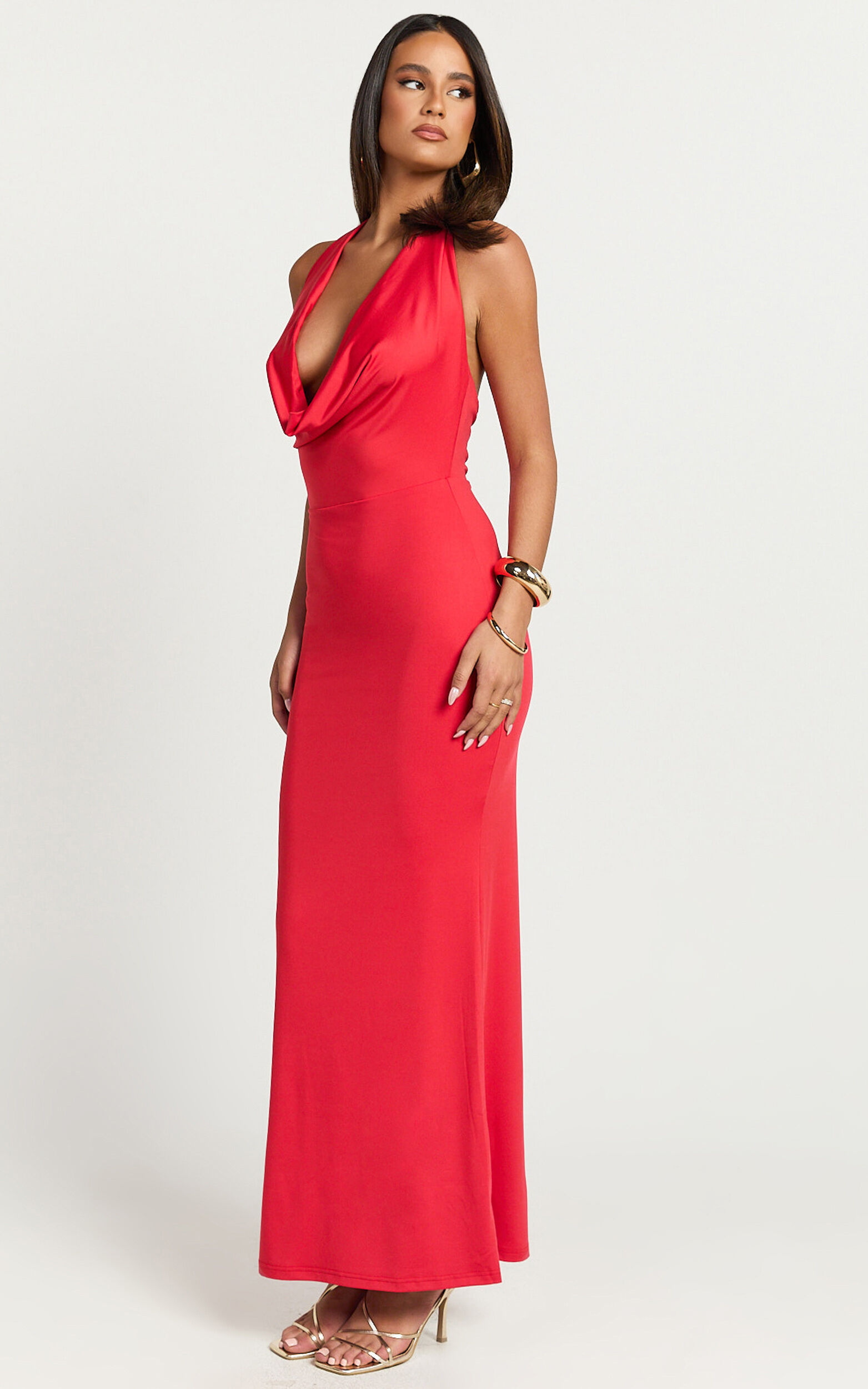 Sylvana Maxi Dress - Cowl Halter Neck Bodycon Dress in Red