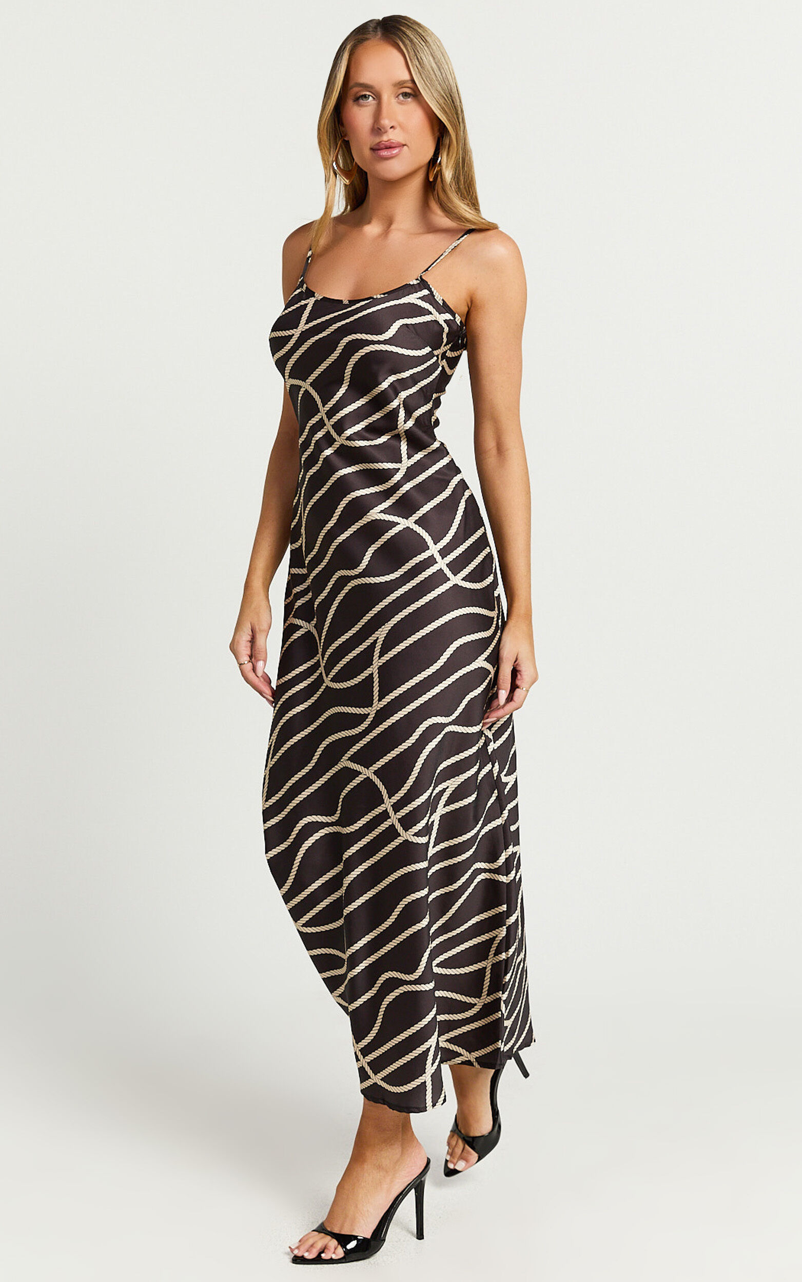 Hailey Midi Dress - Sleeveless Scoop Slip Dress in Rope Print