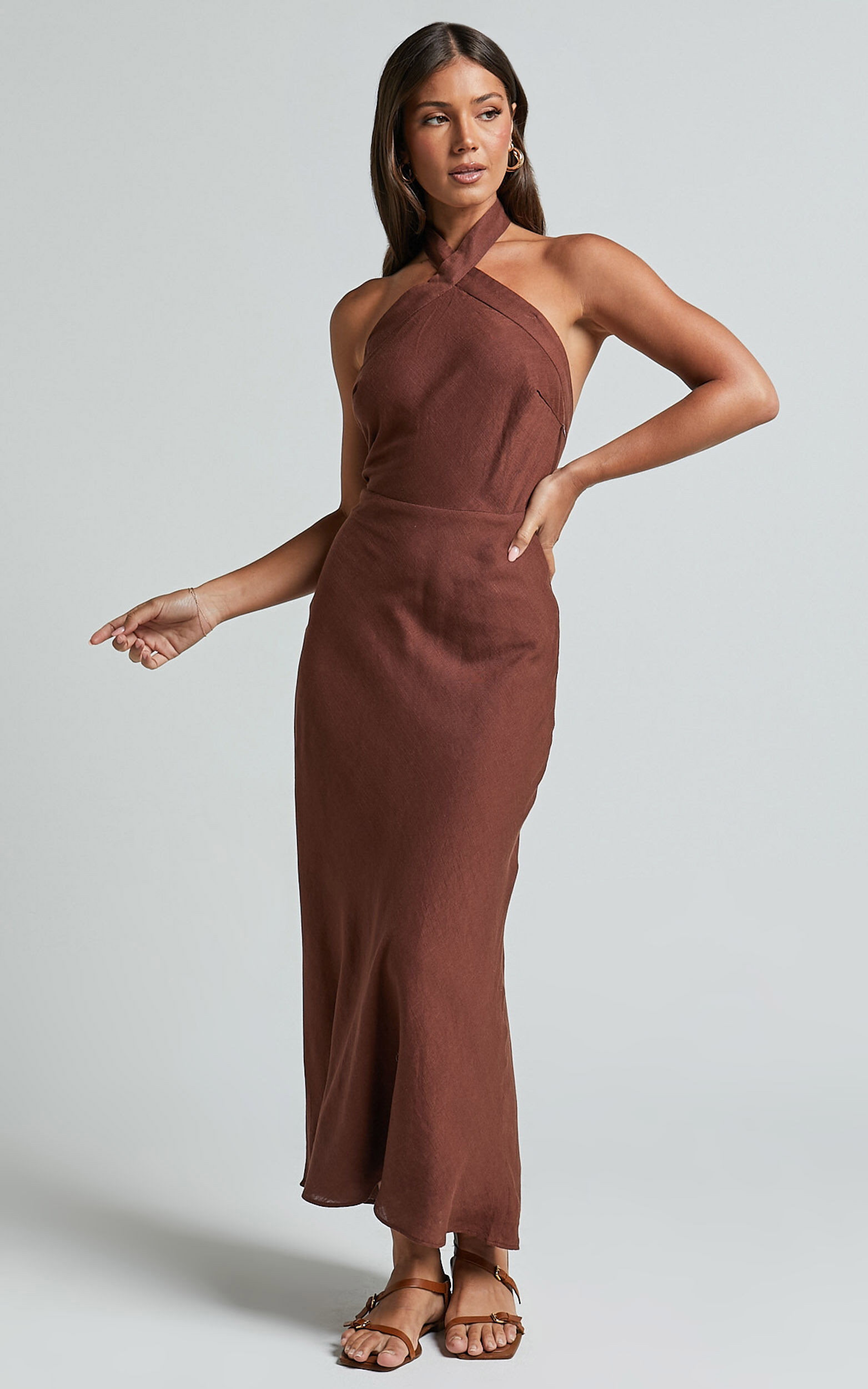 Maelynn Midi Dress - Linen Twist Halter Neck Low Back Slip Dress in Chocolate