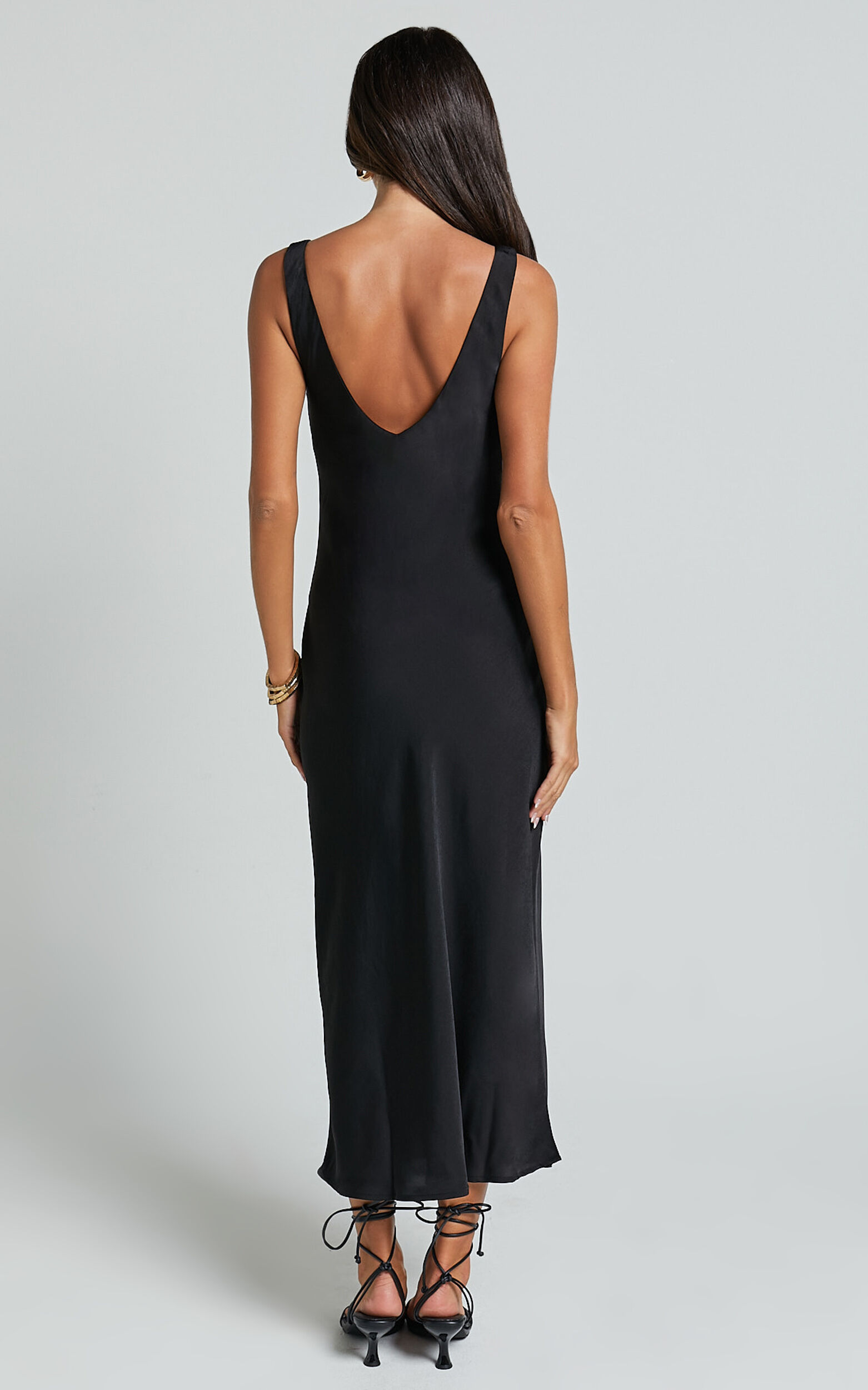 Julie Midi Dress - Scoop Neck Low Back Satin Slip Dress in Black