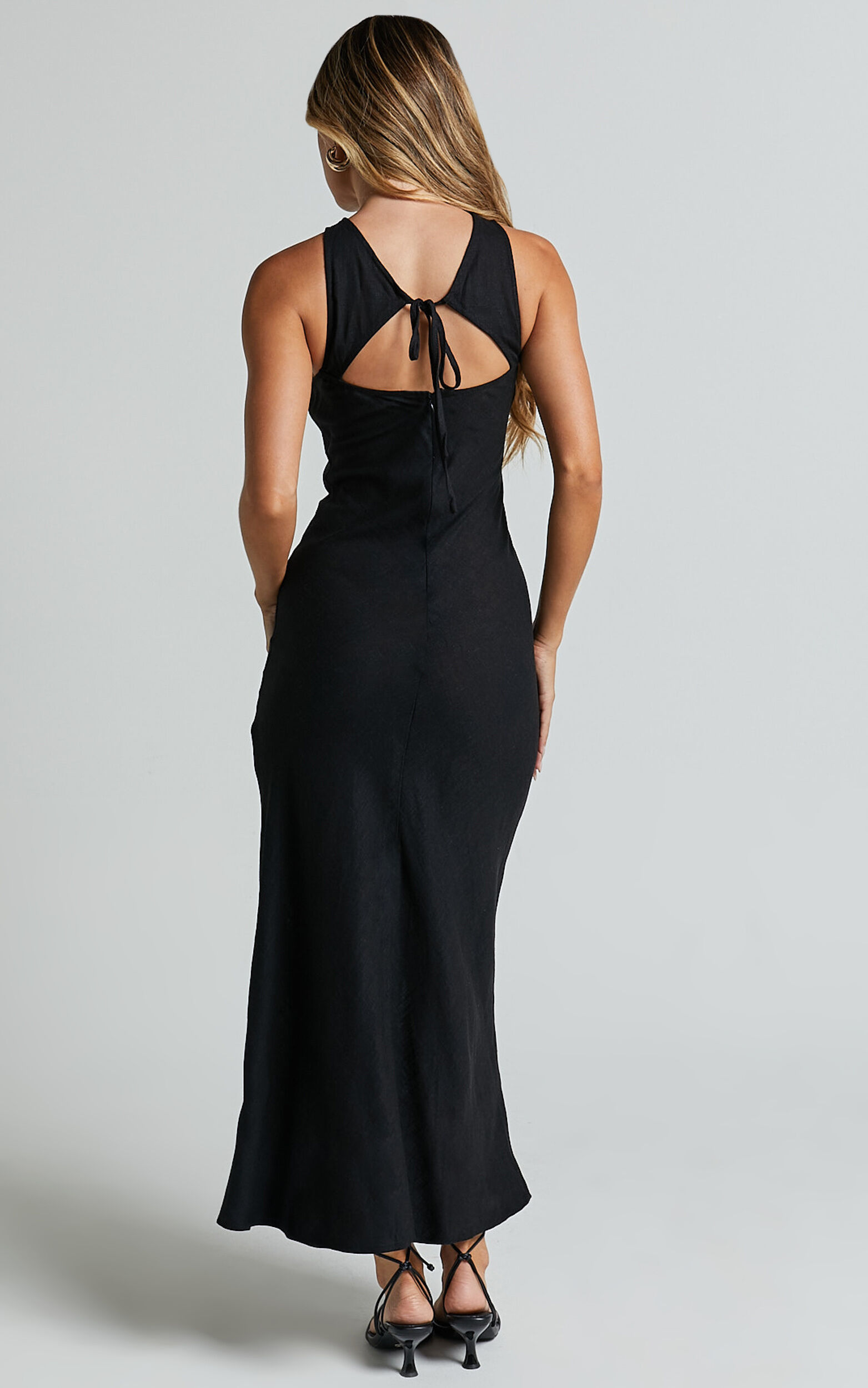 Fernley Midi Dress - Linen Racer Neck Slip Dress in Black