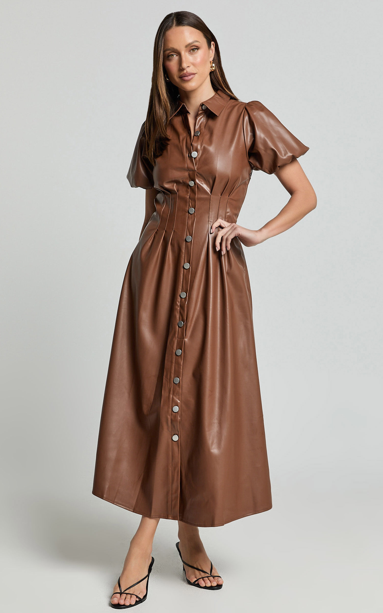 Ziva Midi Dress - Short Puff Sleeve Button Through Dress in Chocolate