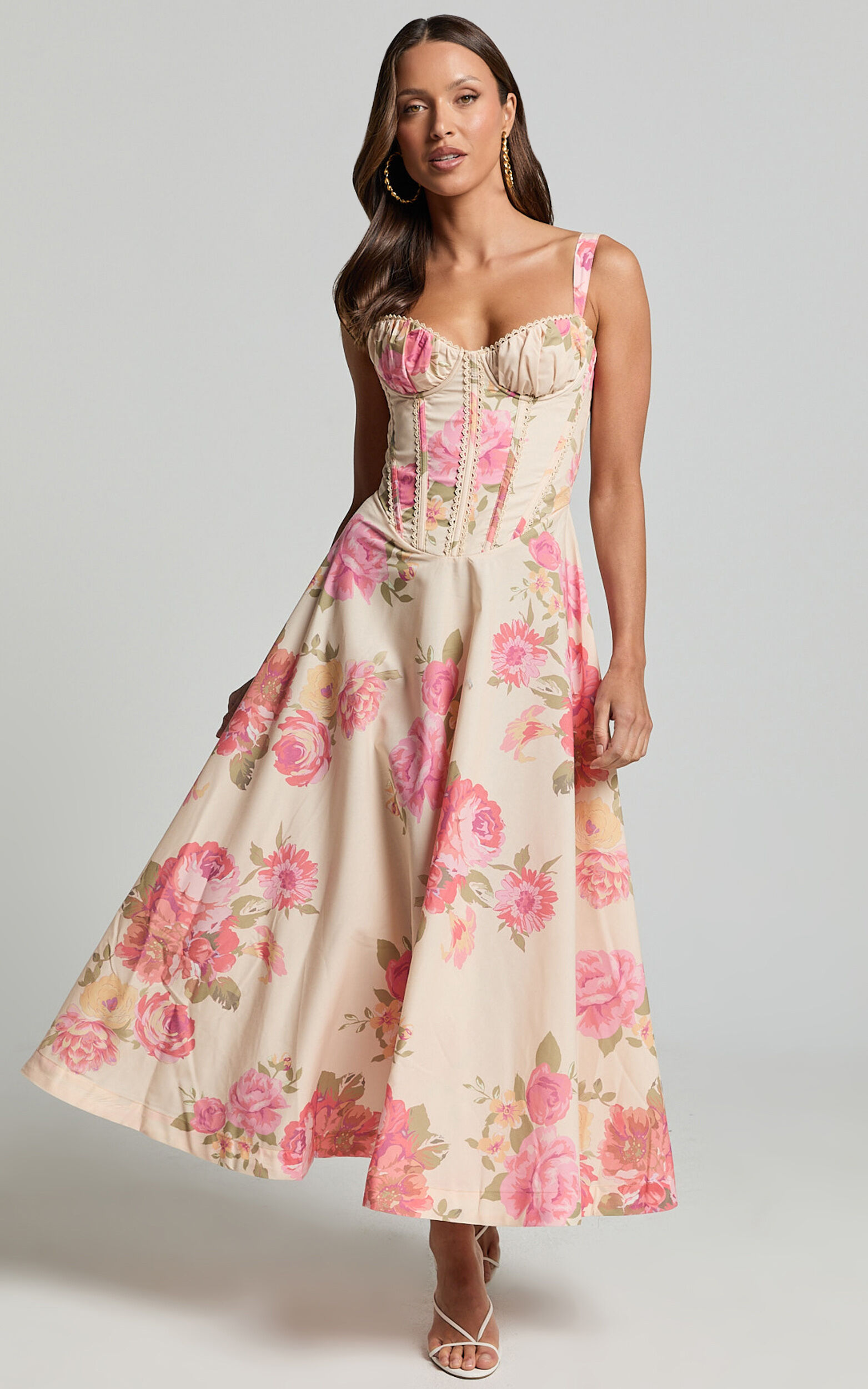 Jonas Midi Dress - Ruched Corset Lace Trim Dress in Vintage Spring Floral