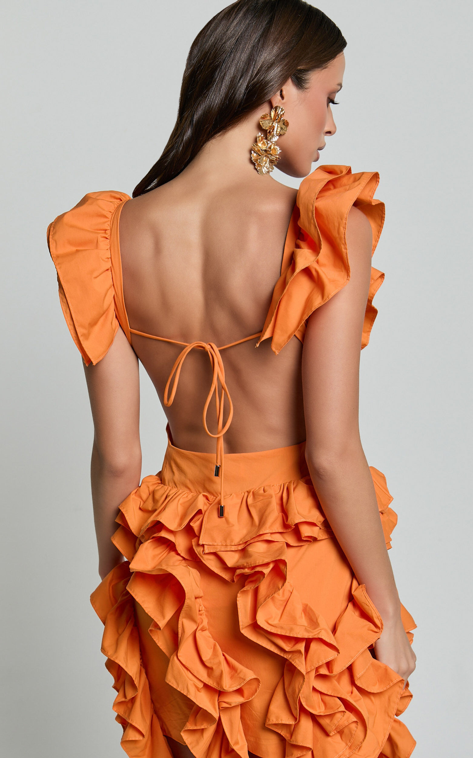 Amalie The Label - Lilou Ruffle Detail Cut Out Mini Dress in Orange