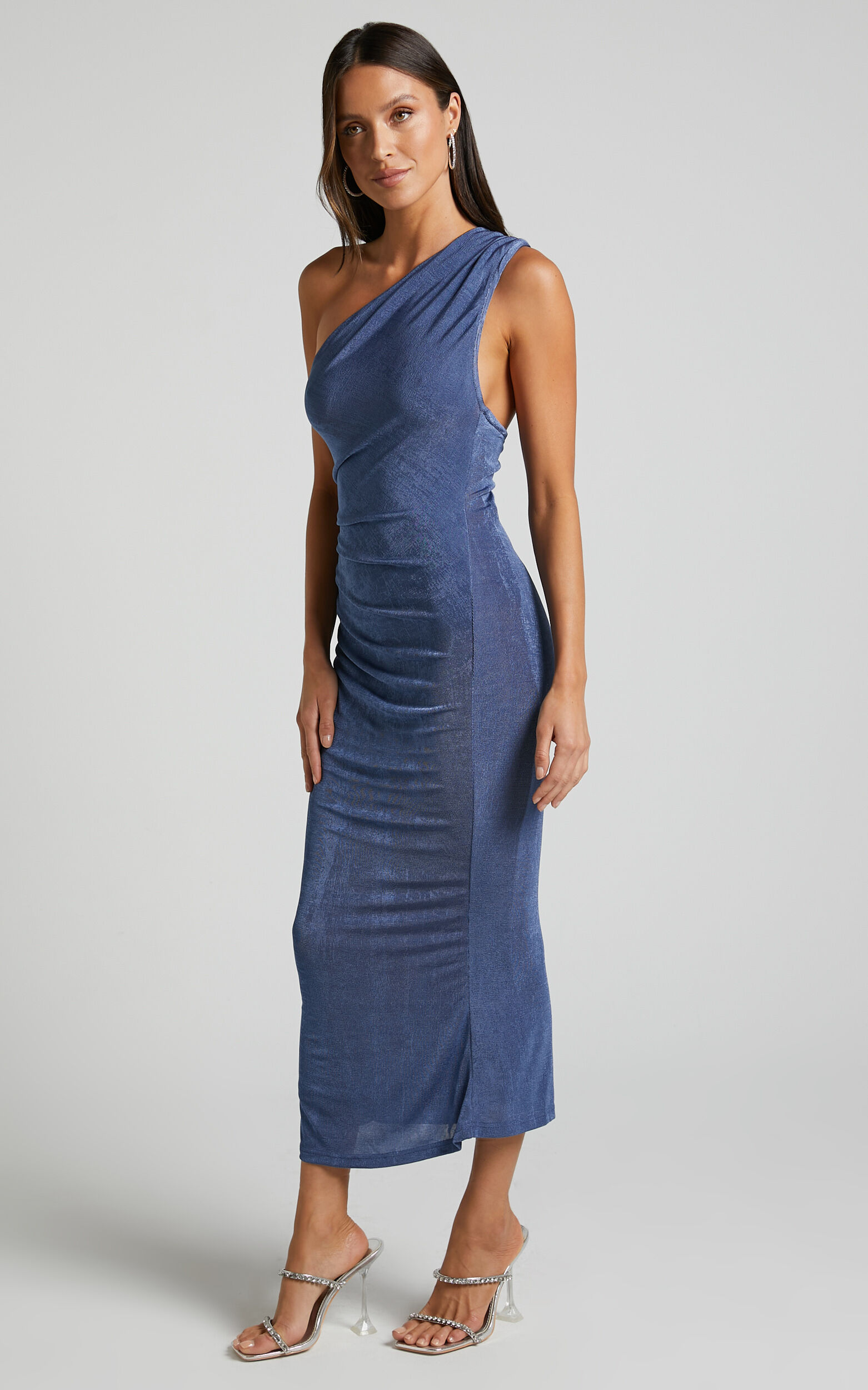 Arietty Midi Dress - One Shoulder Asymmetrical Ruched Dress in Steel Blue