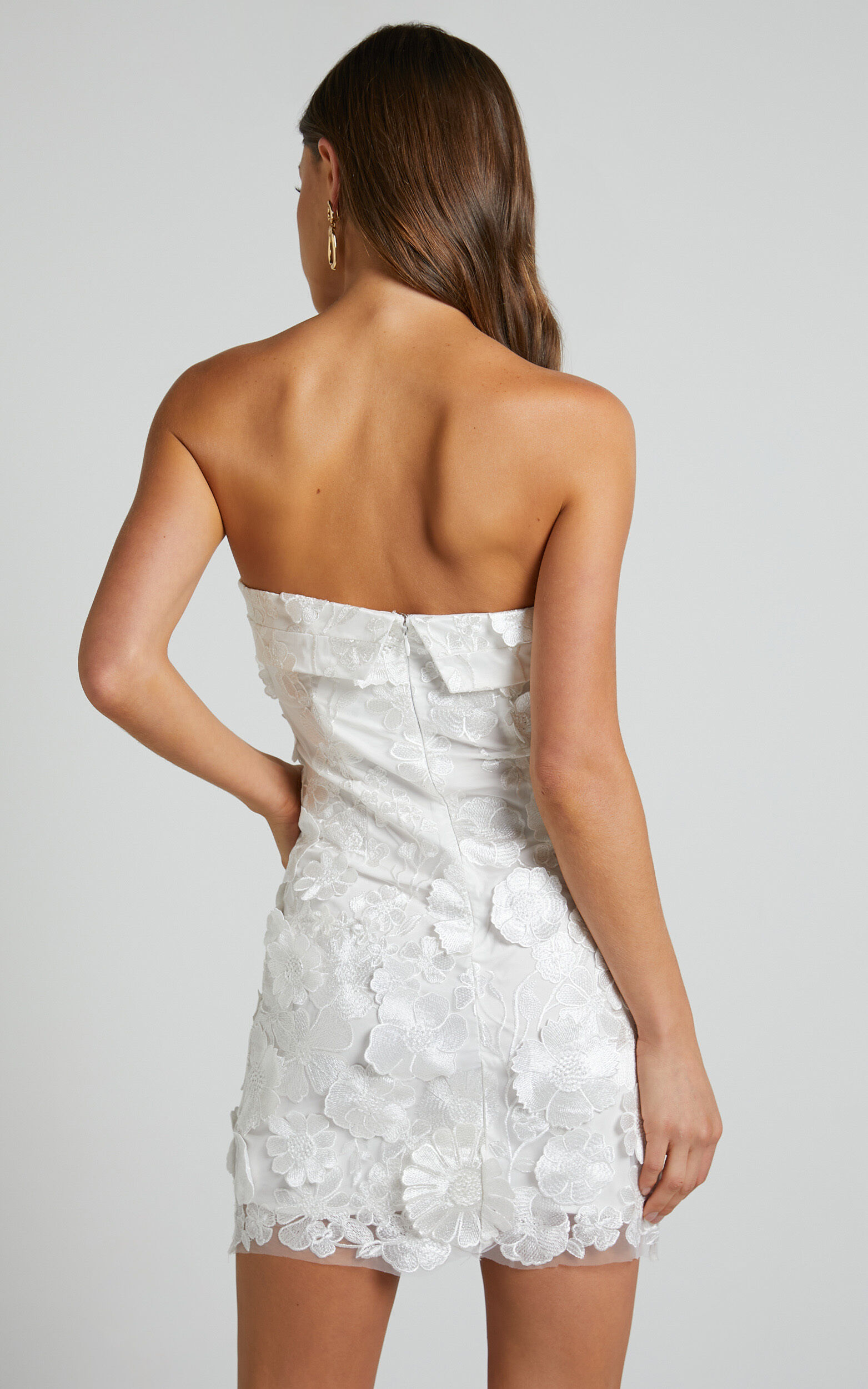 Wren Mini Dress - Strapless Bodycon Garden Flowers Dress in White