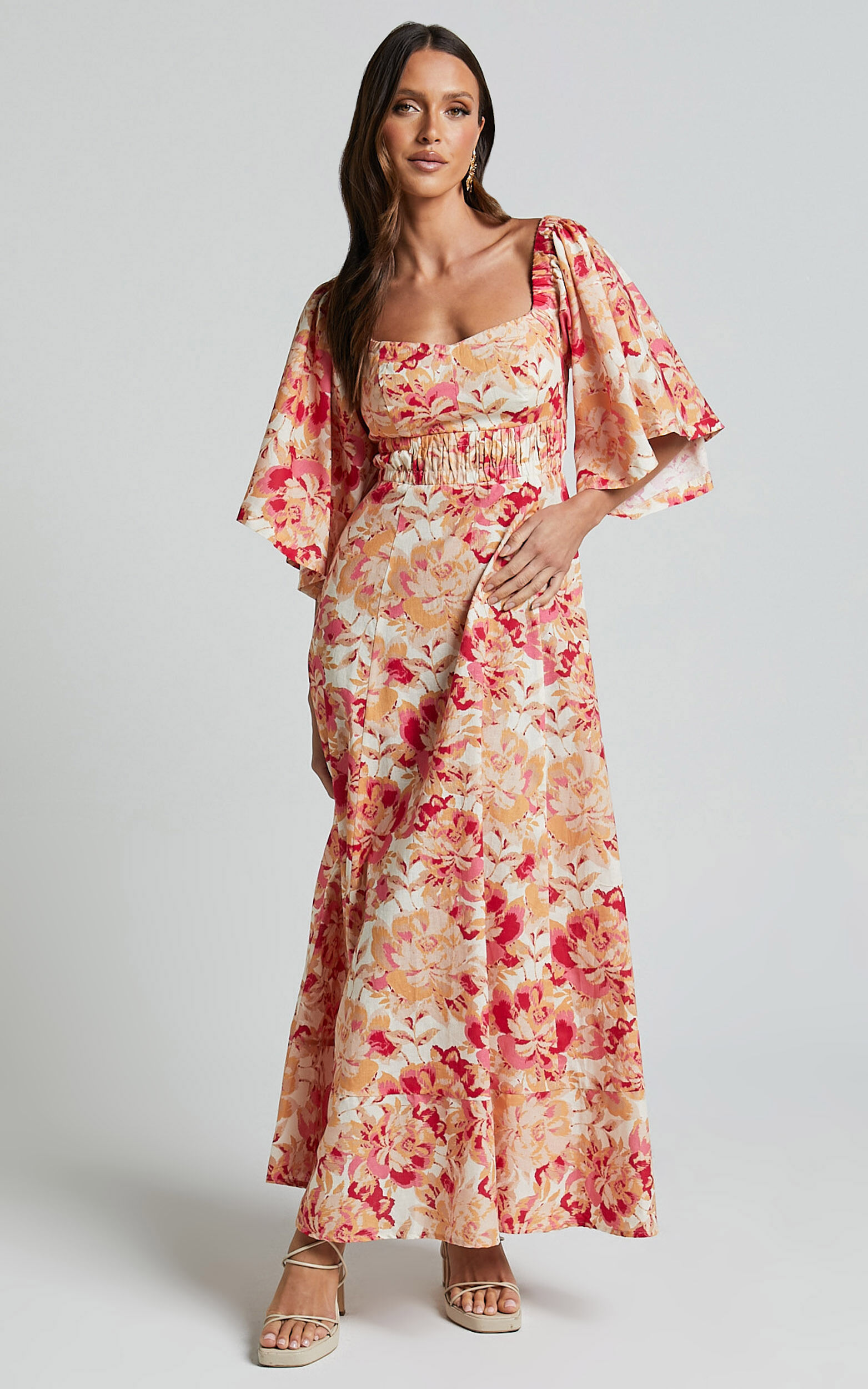 Amalie The Label - Thalia Linen Blend Puff Sleeve Midi Dress in Sienna Print