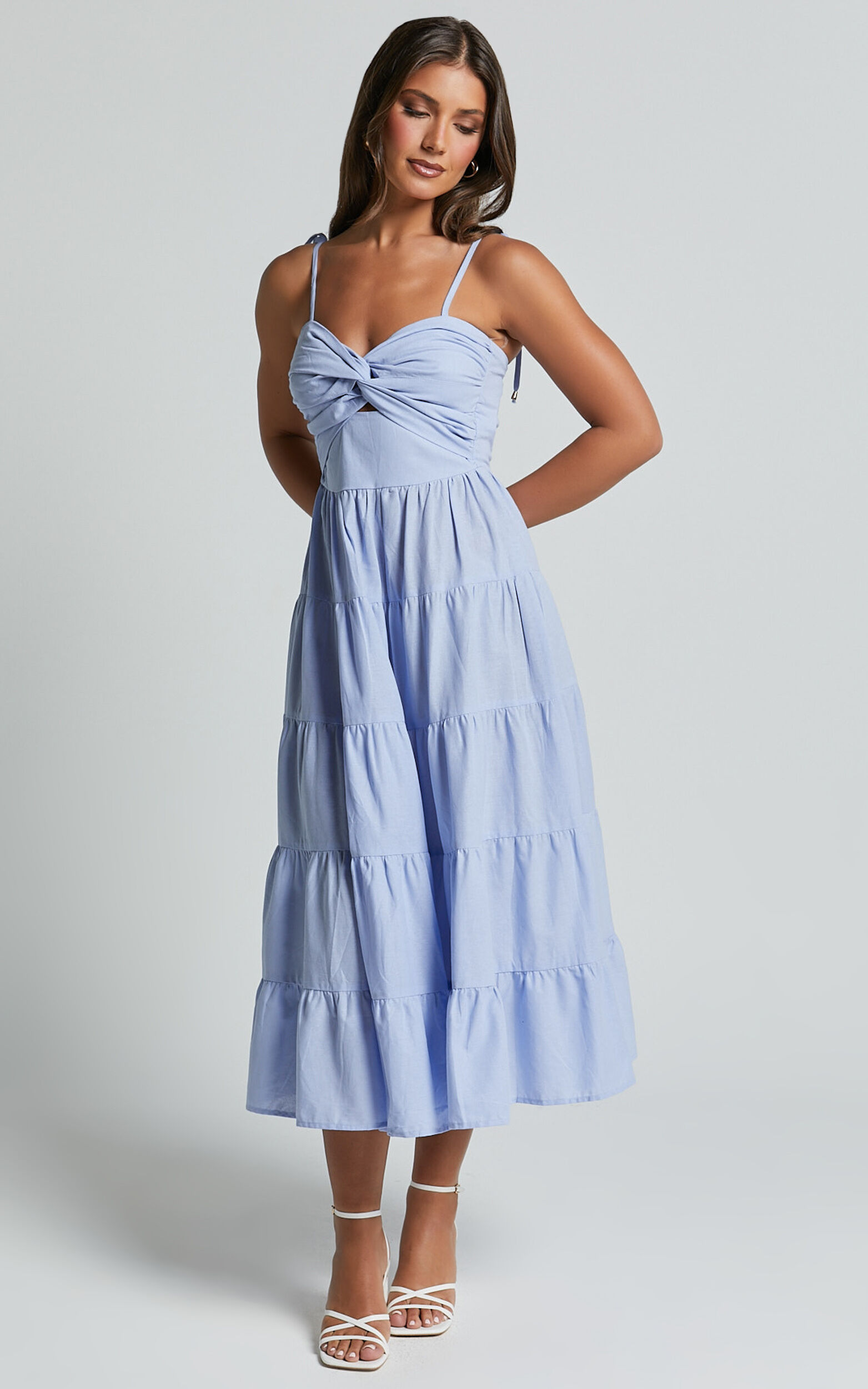 Leticia Midi Dress - Twist Front Tie Strap Tiered Dress in Pale Blue