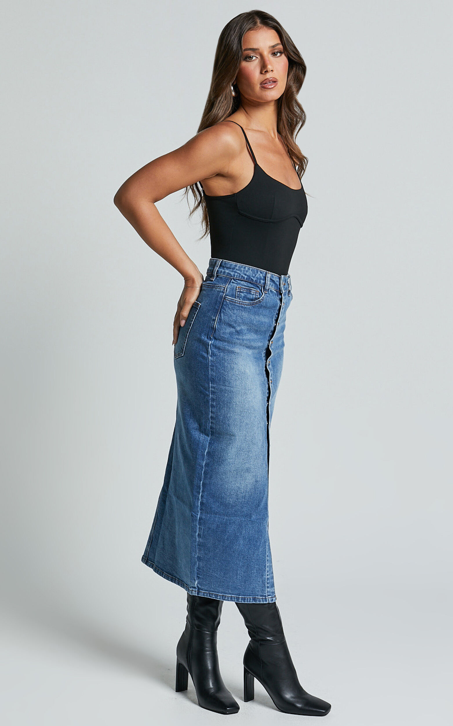 Tina Midi Skirt - High Waist Button Through Recycled Denim Skirt in Mid Blue Wash