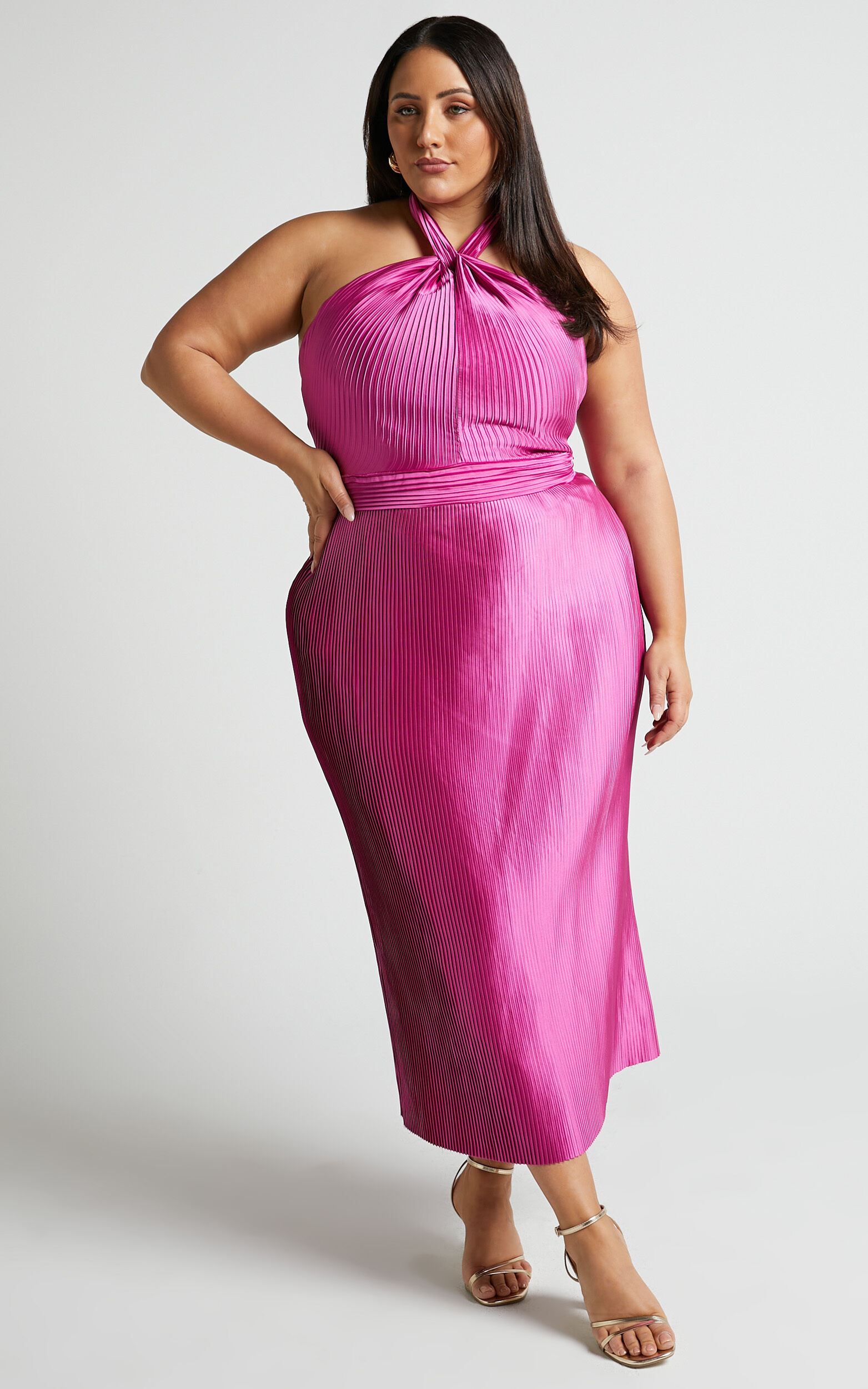 Marlette Midi Dress - Pleated Open Back Halter Dress in Grape